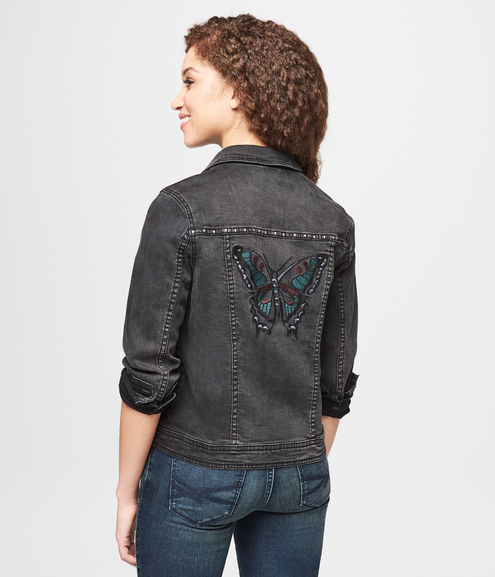 Studded Butterfly Medium Wash Denim Jacket