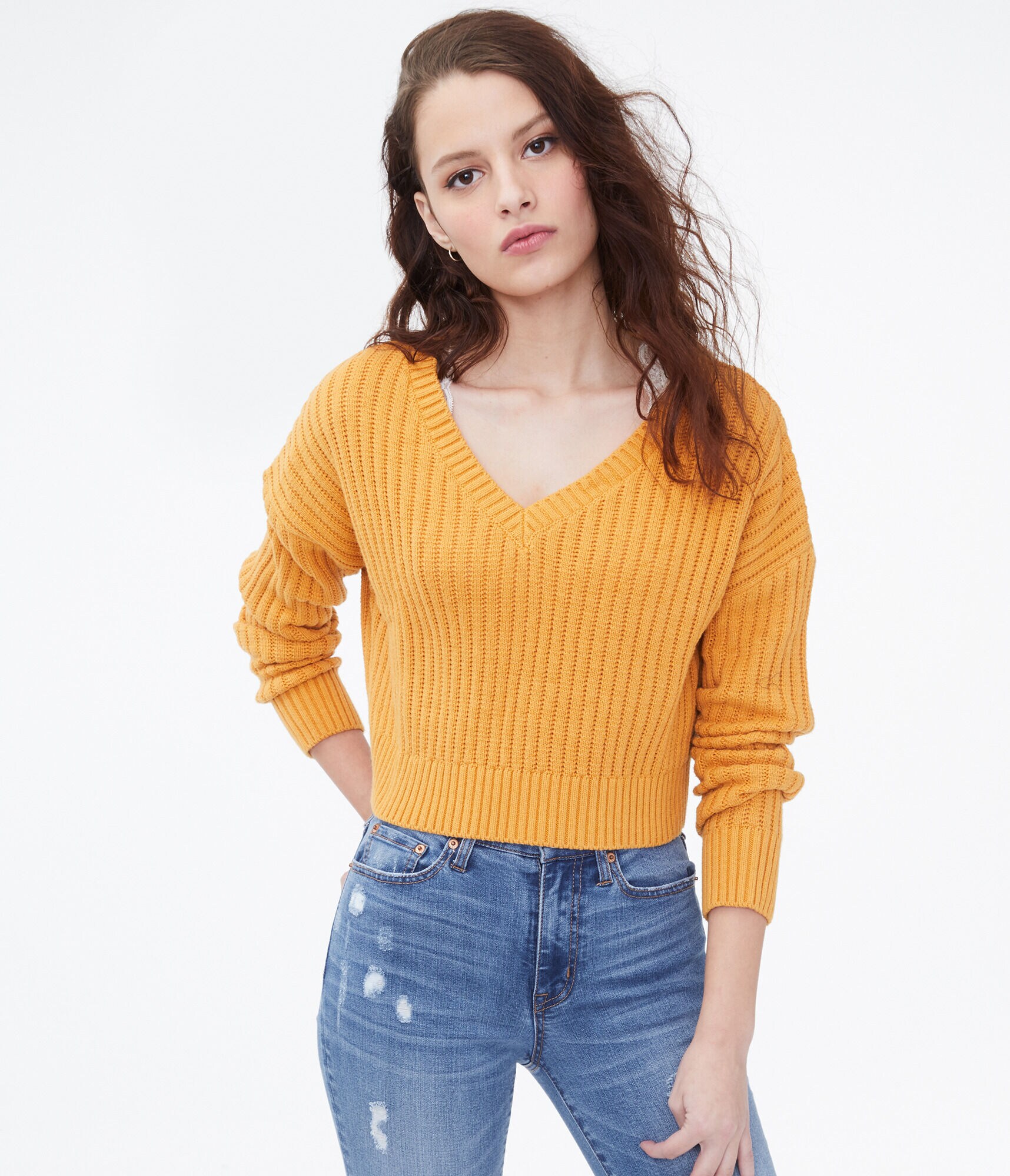 Cropped V-Neck Sweater