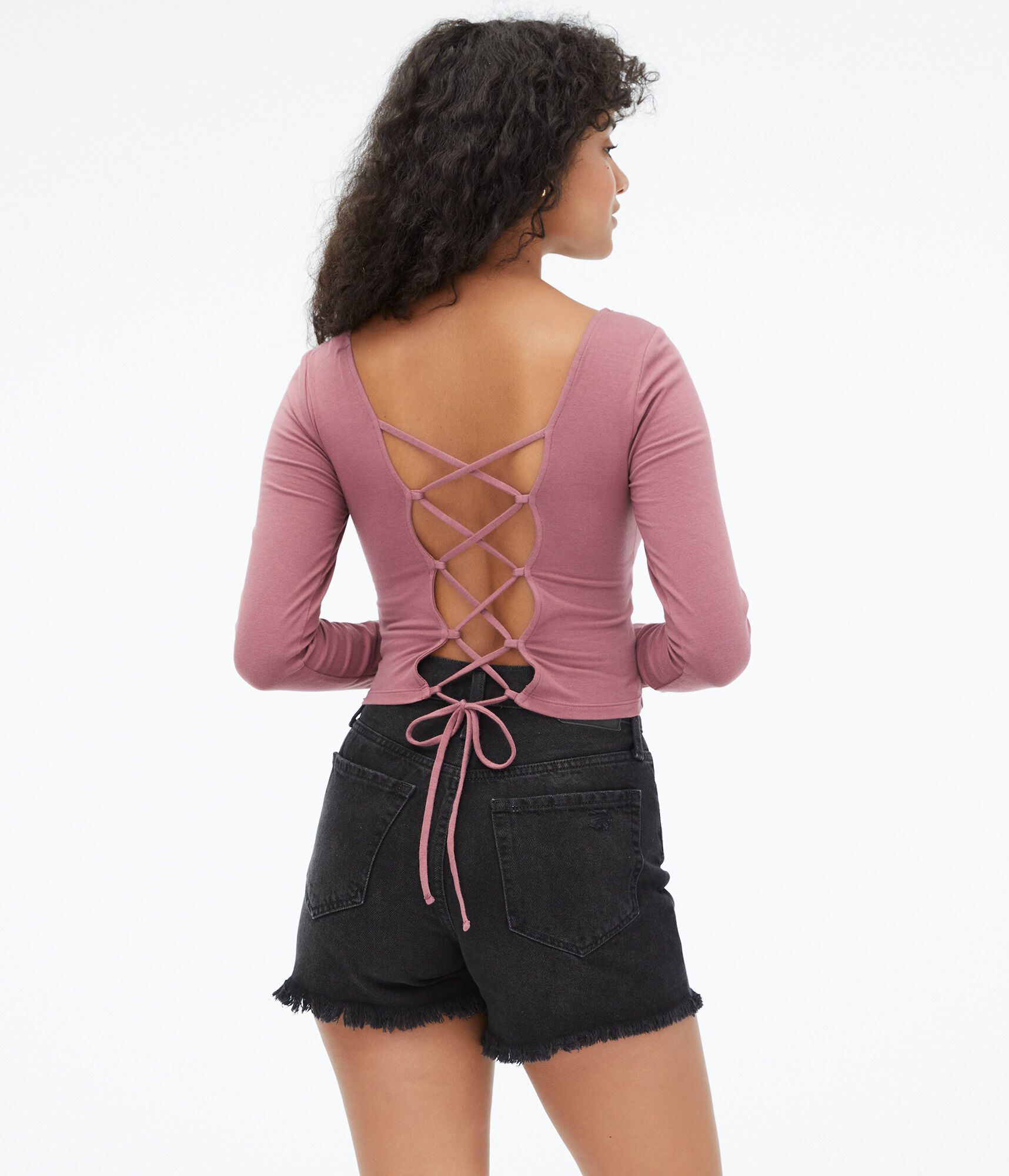 Long Sleeve Seriously Soft Laced-Back Cropped Baby Tee