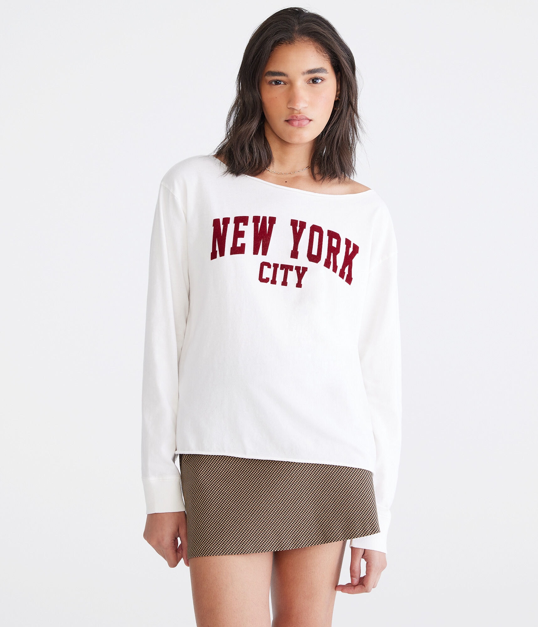 Long Sleeve New York City Off-The-Shoulder Graphic Tee