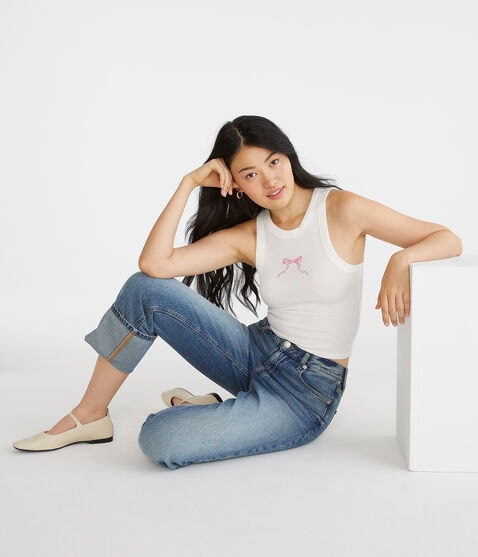 Bow High-Neck Cropped Graphic Waffle Tank