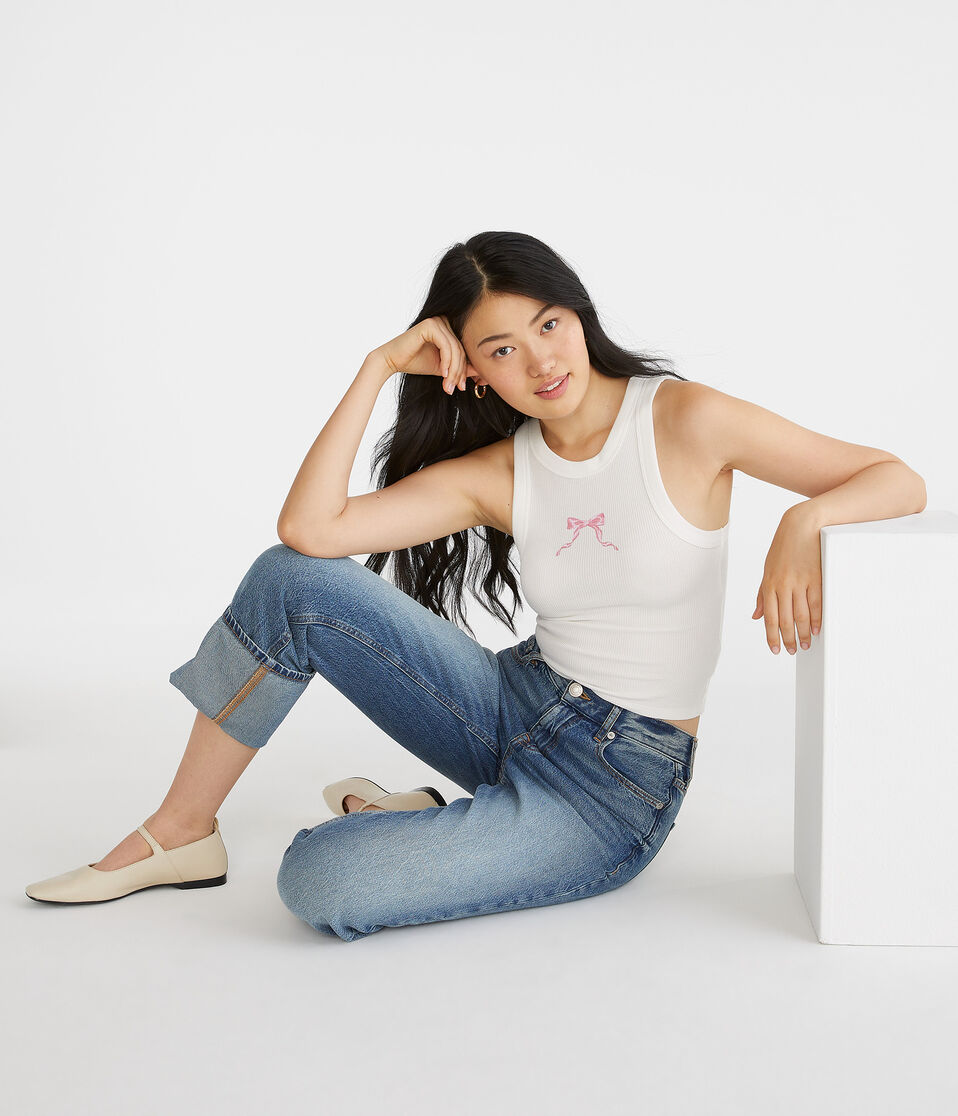 Bow High-Neck Cropped Graphic Waffle Tank