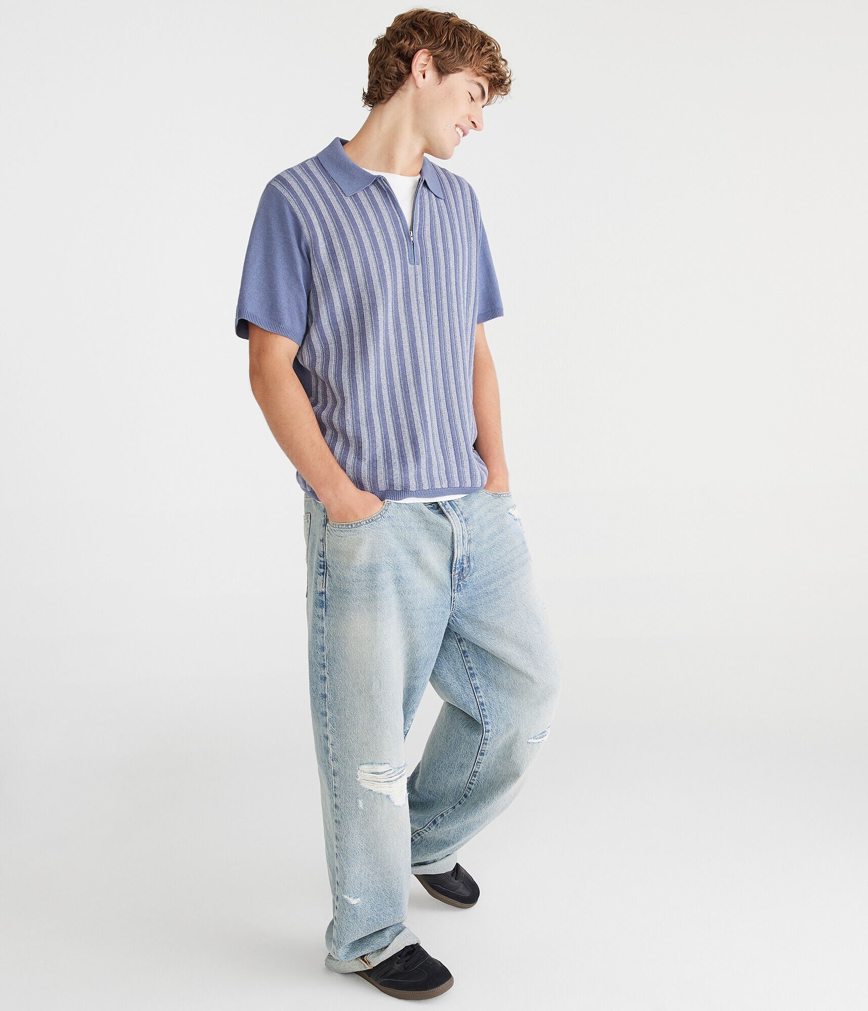 Vertical Stripe Quarter-Zip Sweater Polo