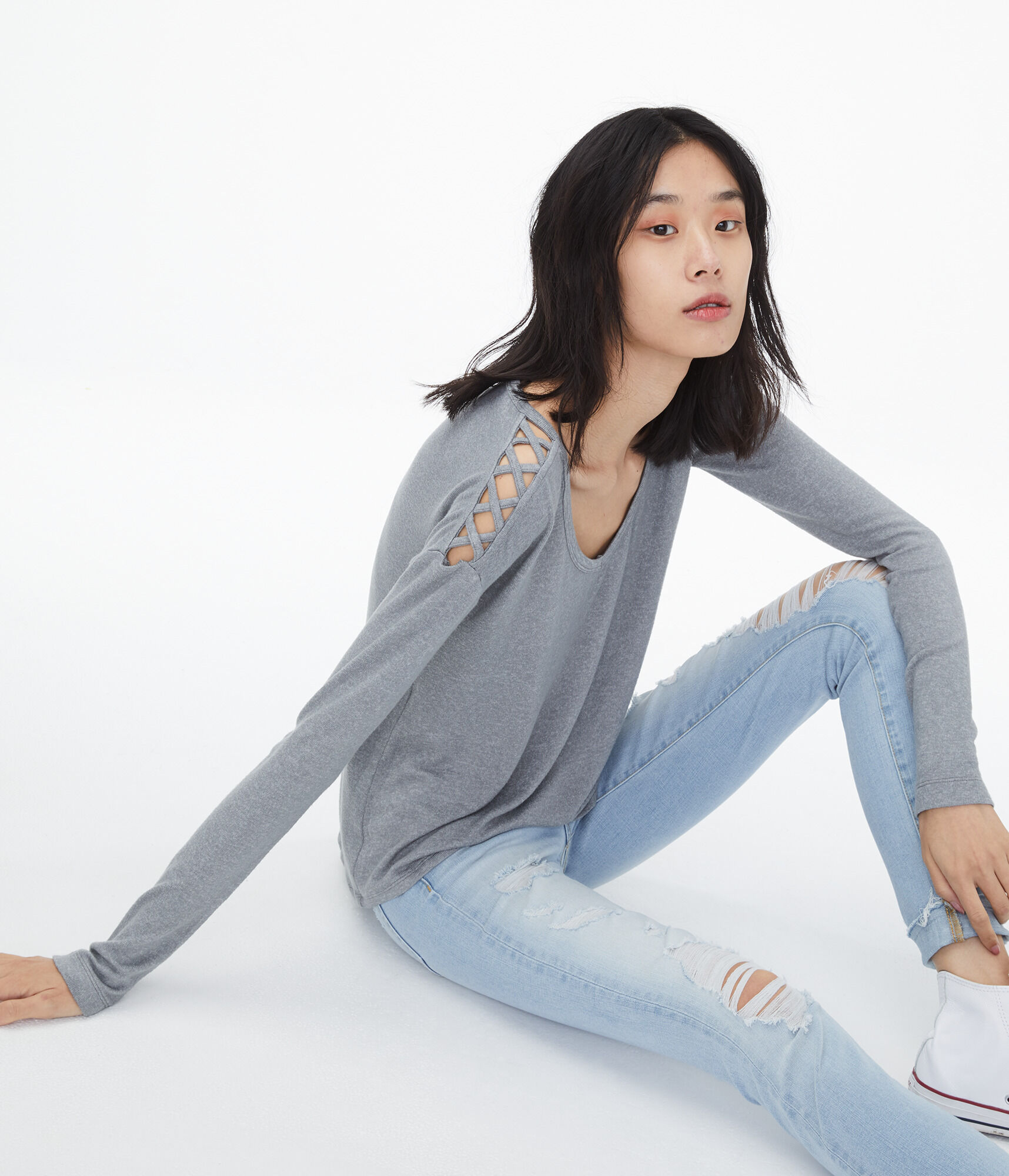 Long Sleeve Lattice Cold-Shoulder Top***