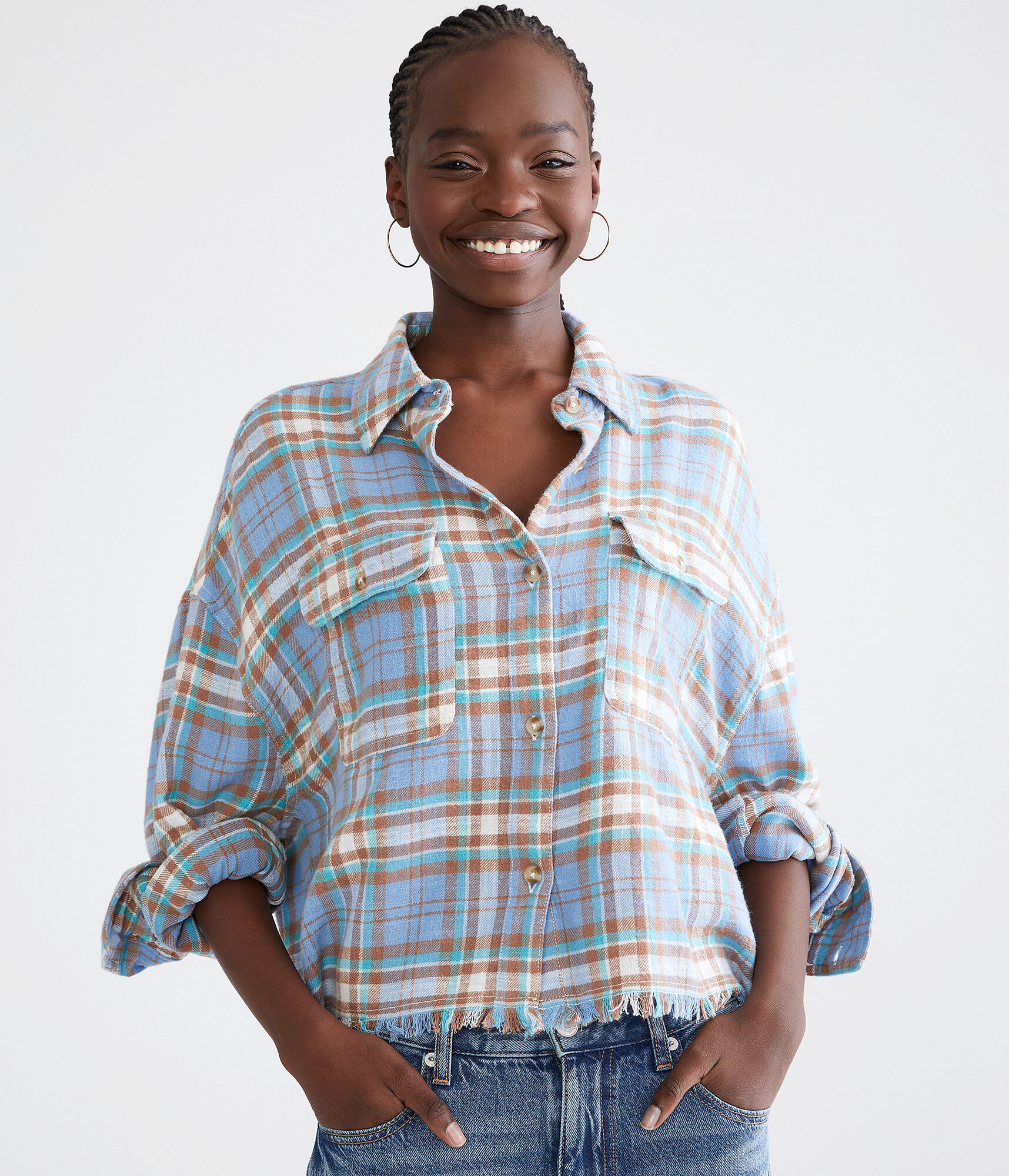 Long Sleeve Distressed Plaid Flannel Shirt