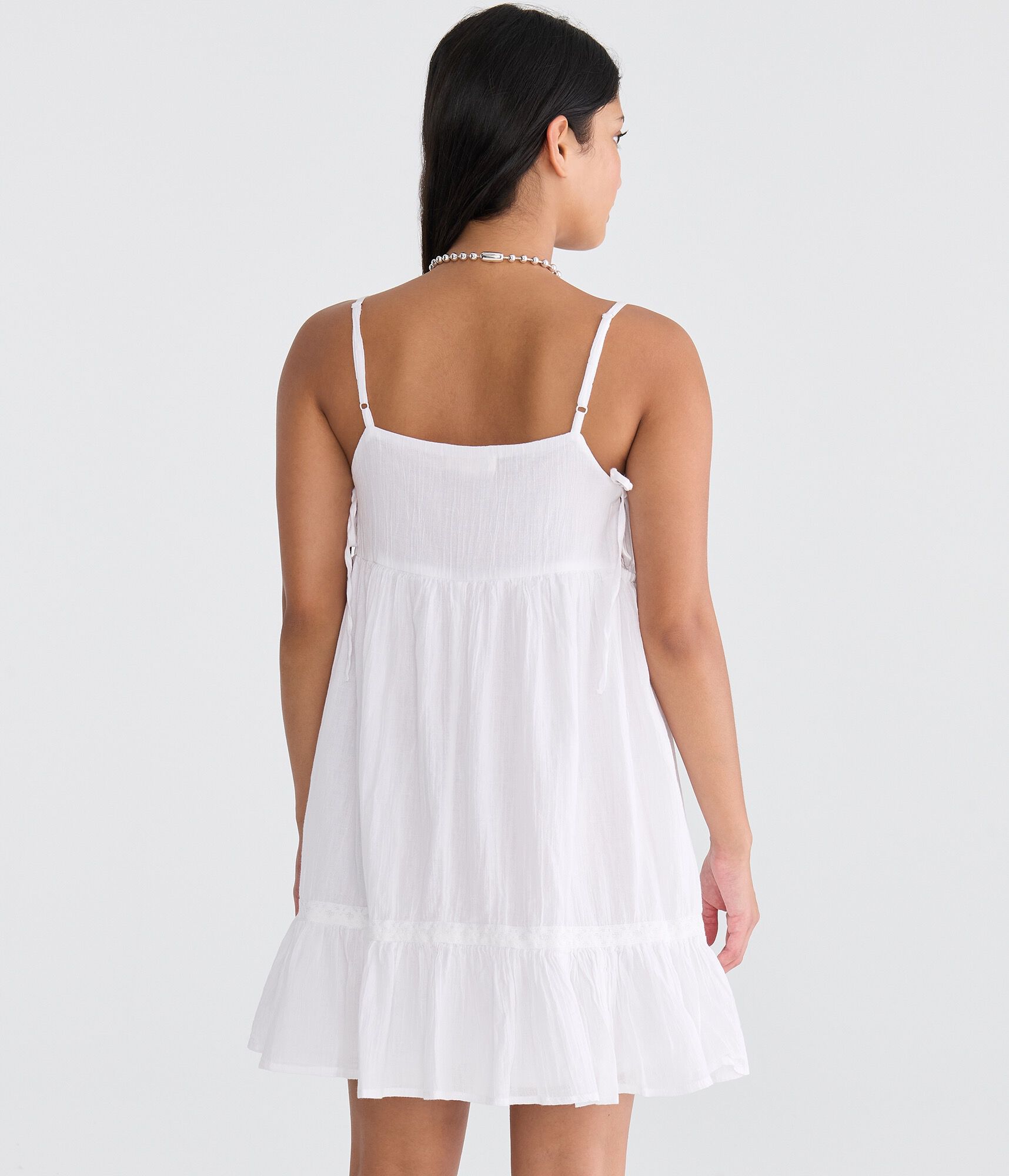 Solid V-Neck Lace-Trim Babydoll Mini Dress