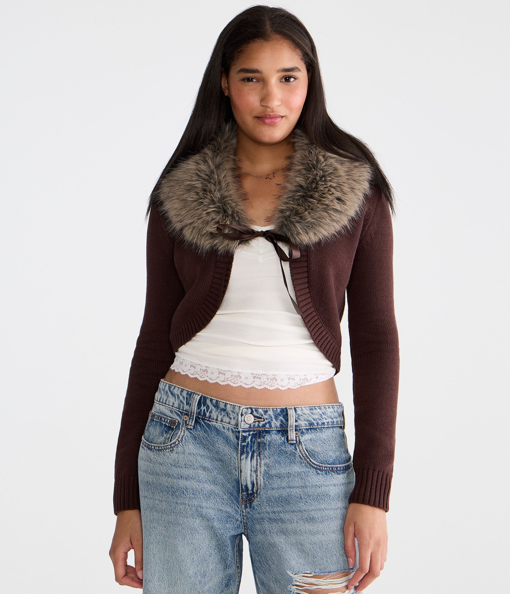 Long Sleeve Faux Fur-Trimmed Sweater Shrug