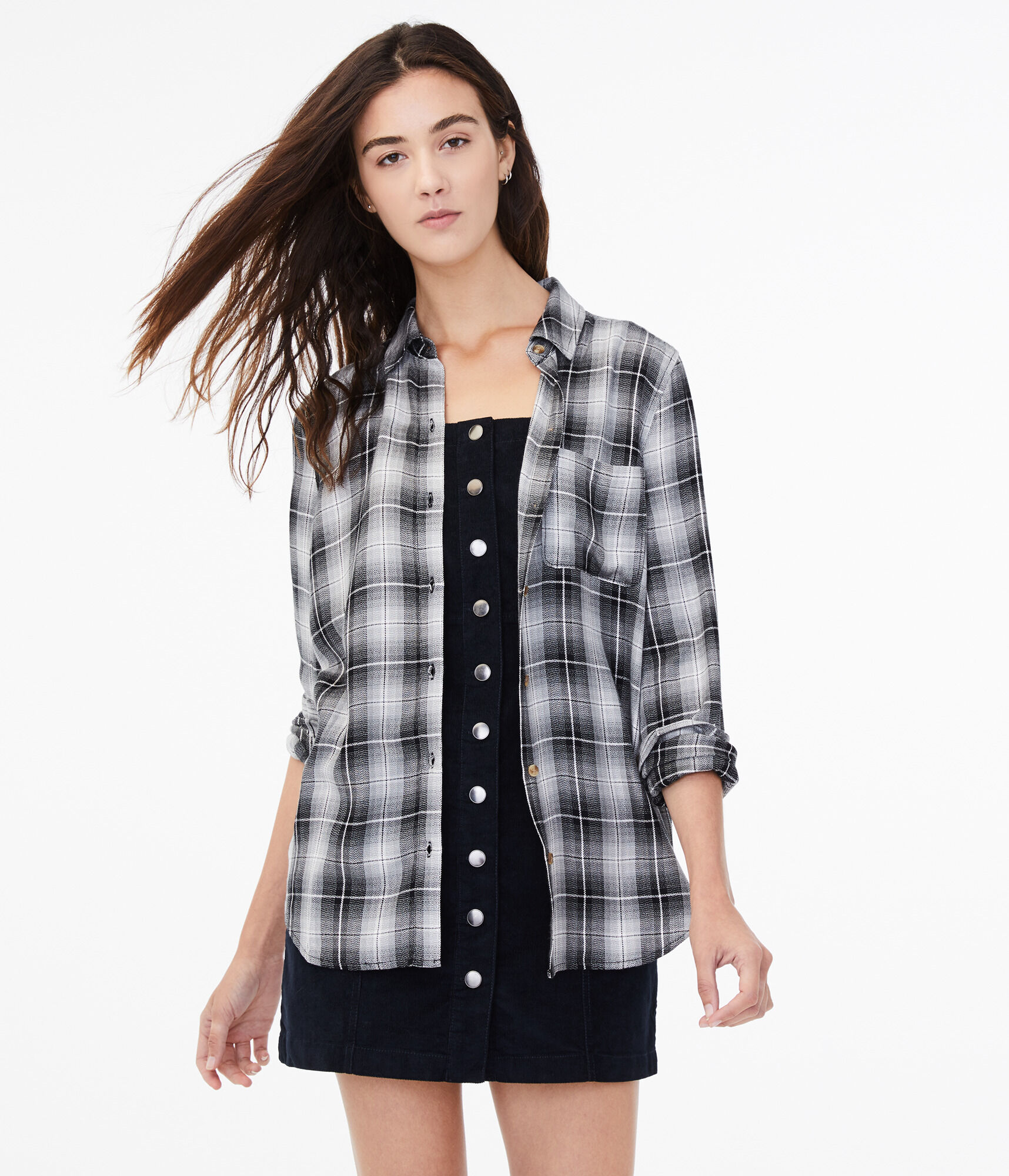 Long Sleeve Plaid Boyfriend Button-Down Shirt