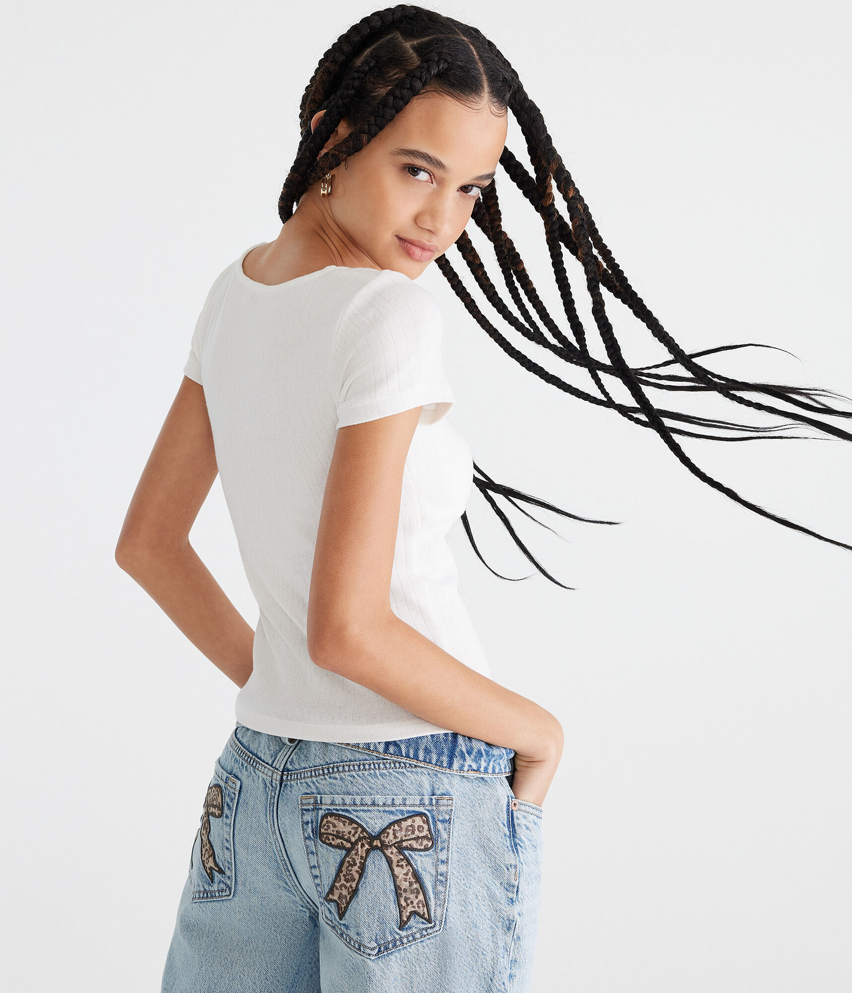 Pointelle Cinch V-Neck Top