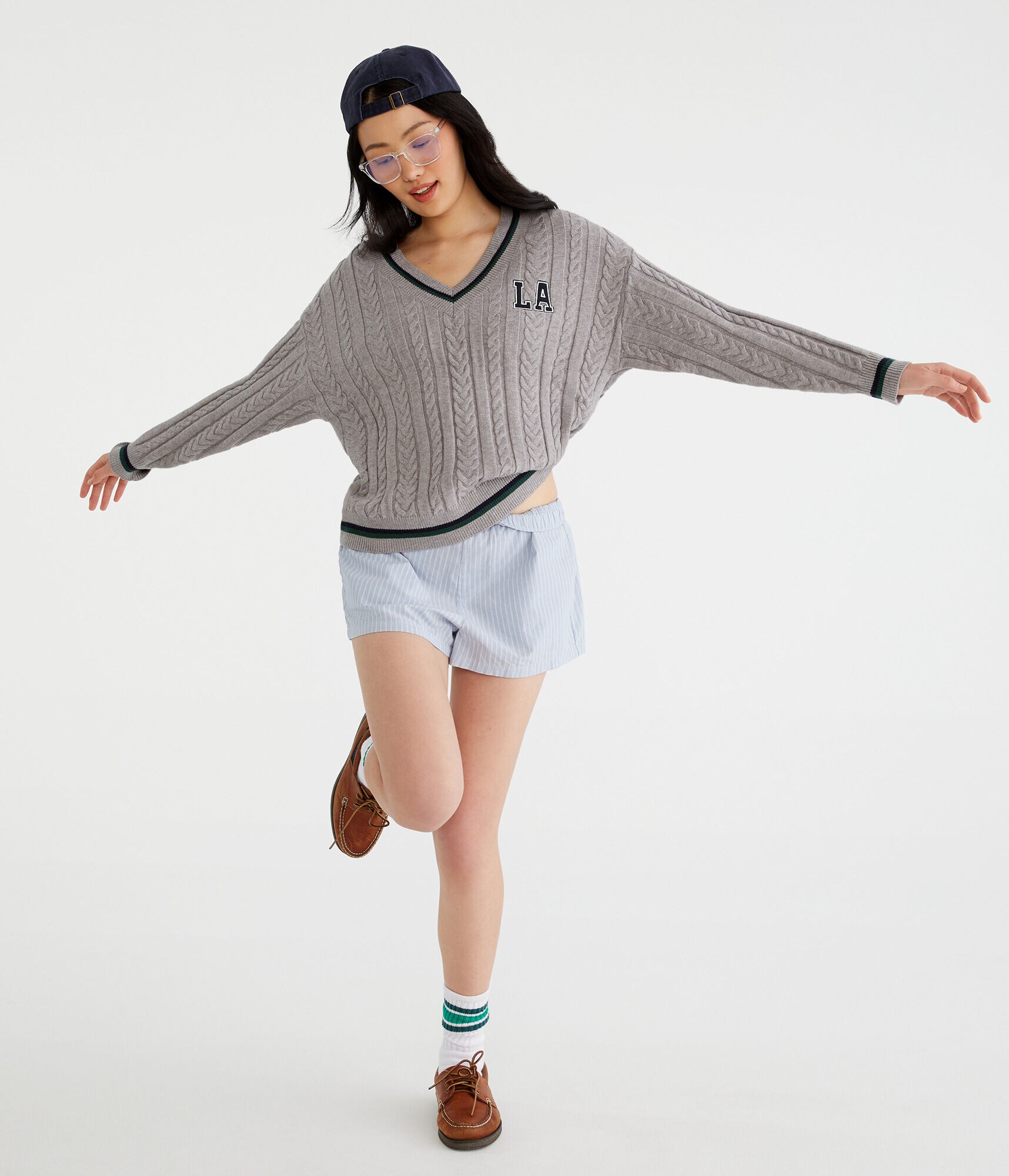 City Oversized Cable V-Neck Sweater