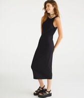 Solid High-Neck Ribbed Midi Dress