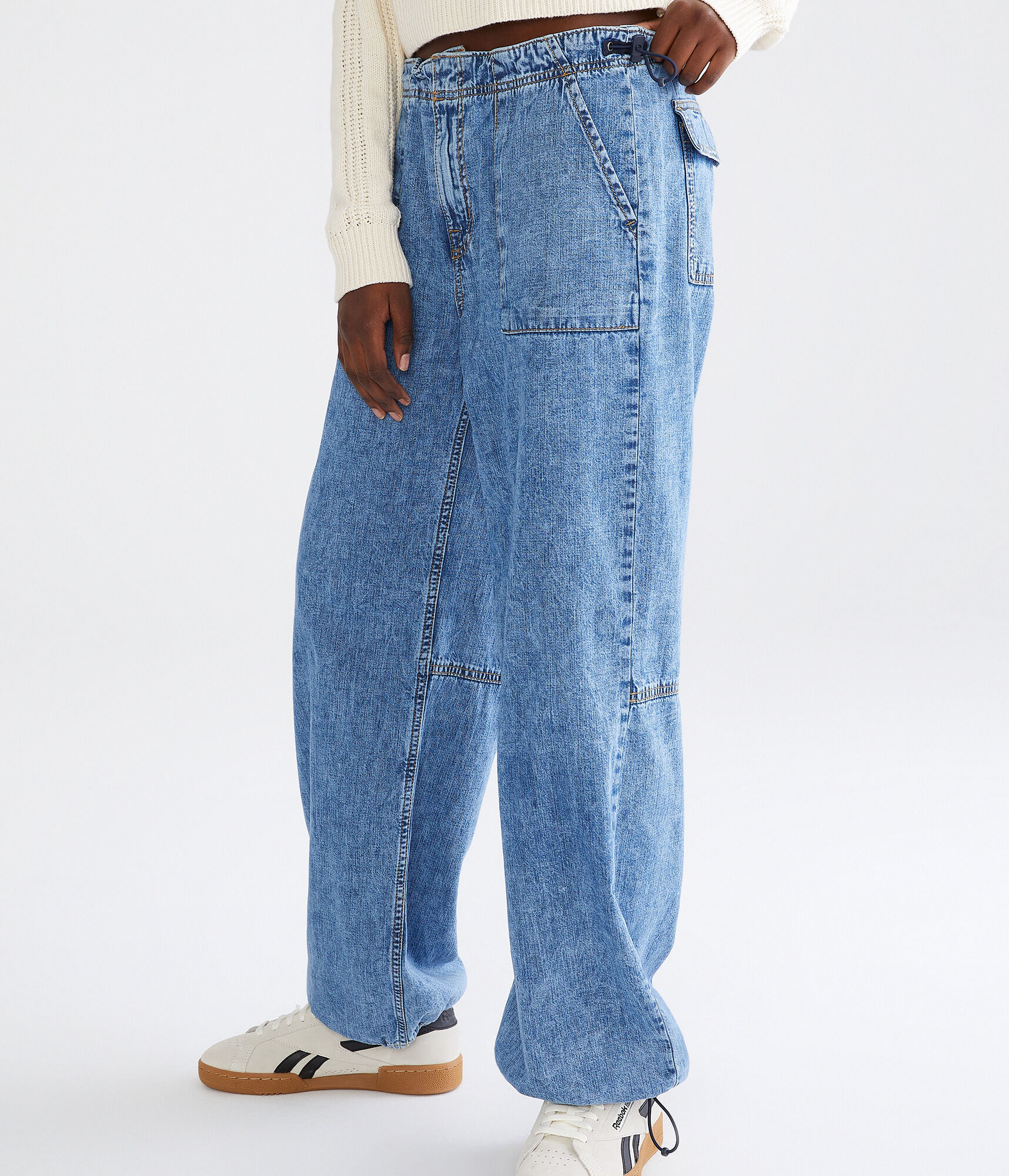 Low-Rise Denim Parachute Pants