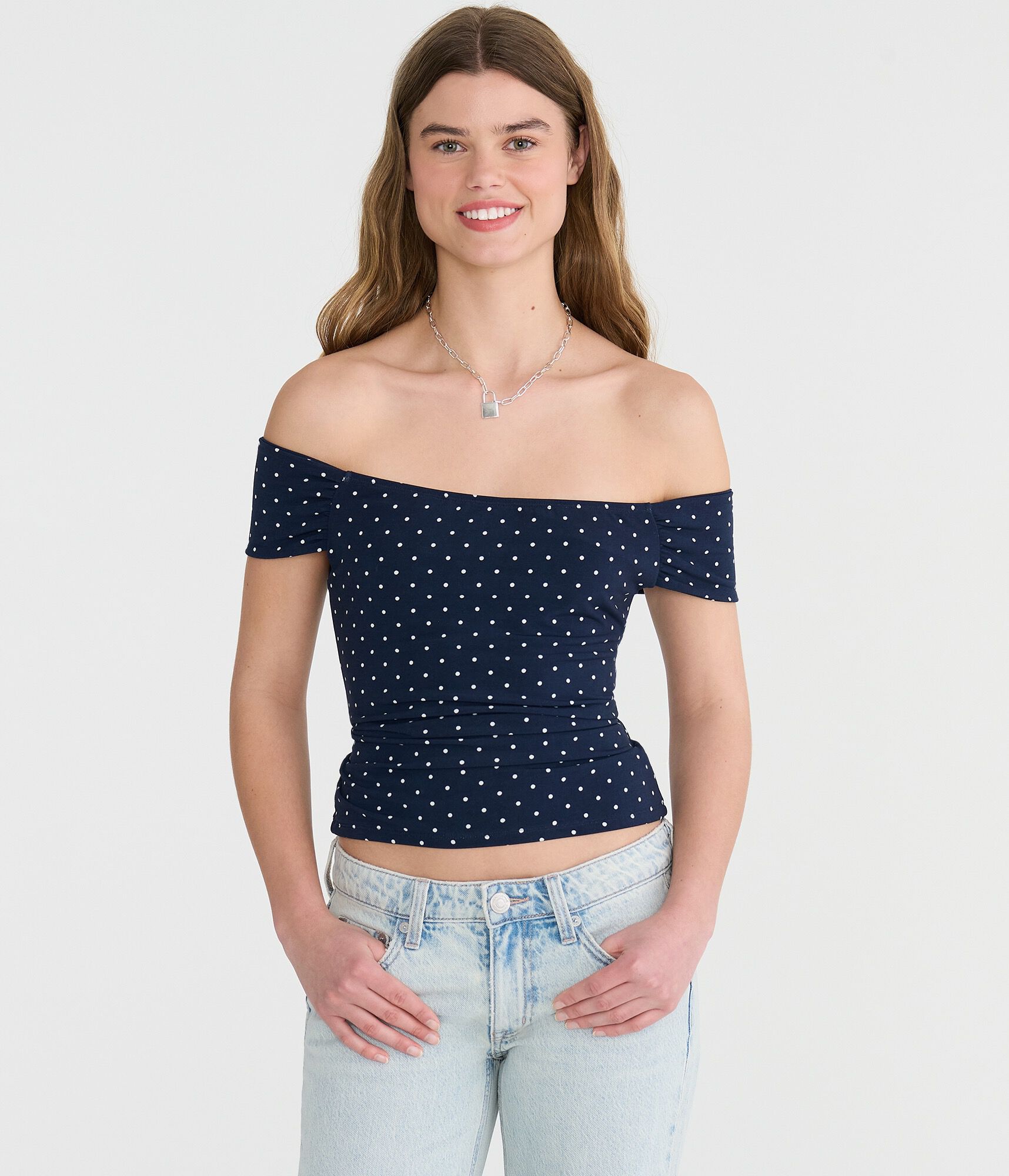 Polka Dot Asymmetrical Off-The-Shoulder Top
