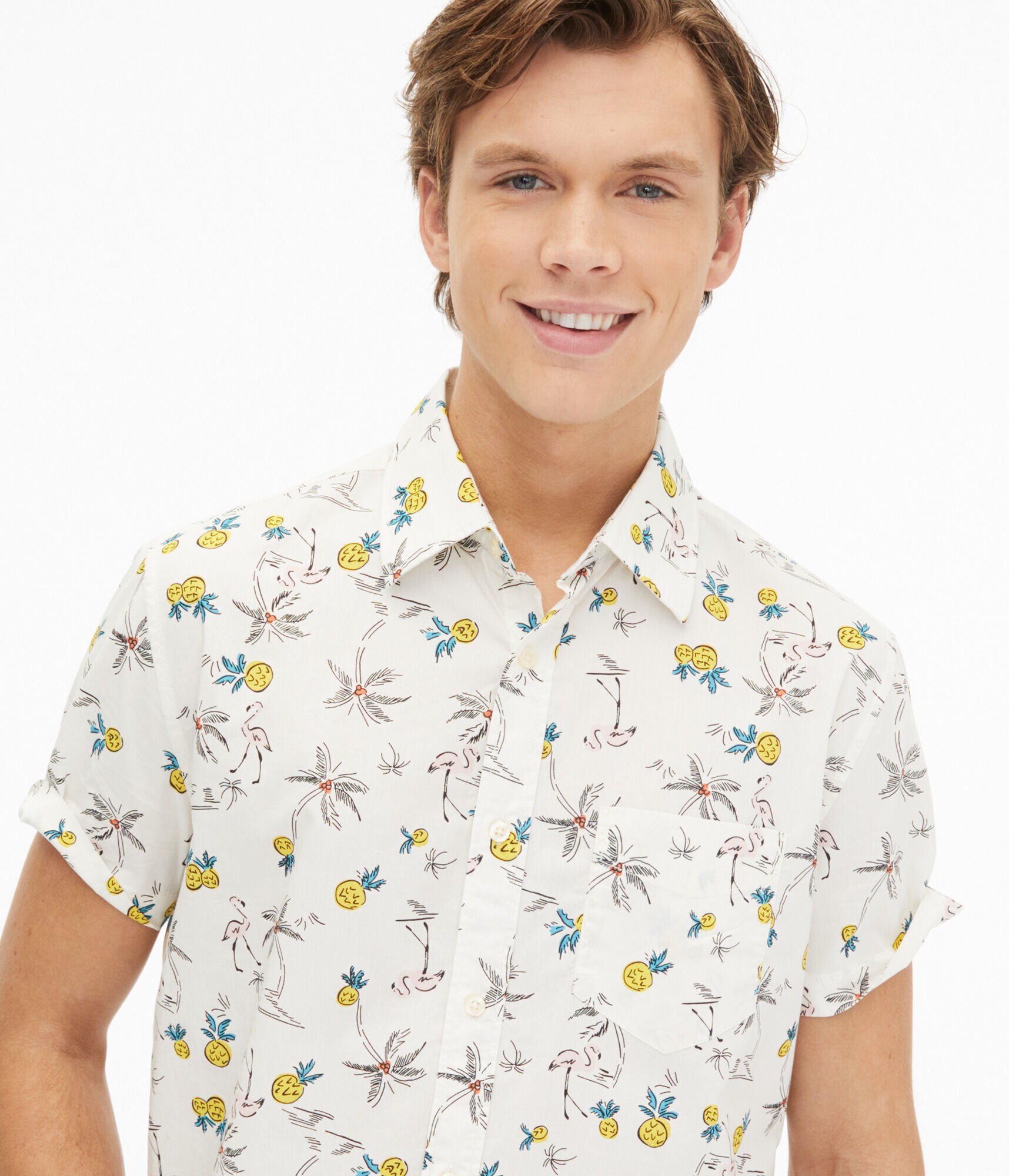 Flamingo Pineapple Print Button-Down Shirt