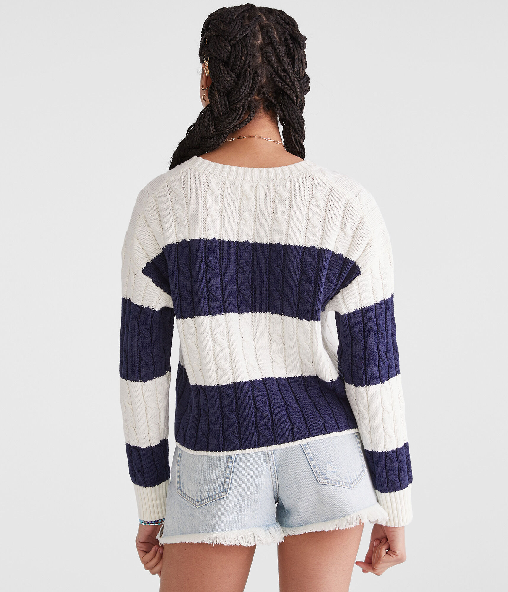 Striped Cable Cropped Crew Sweater