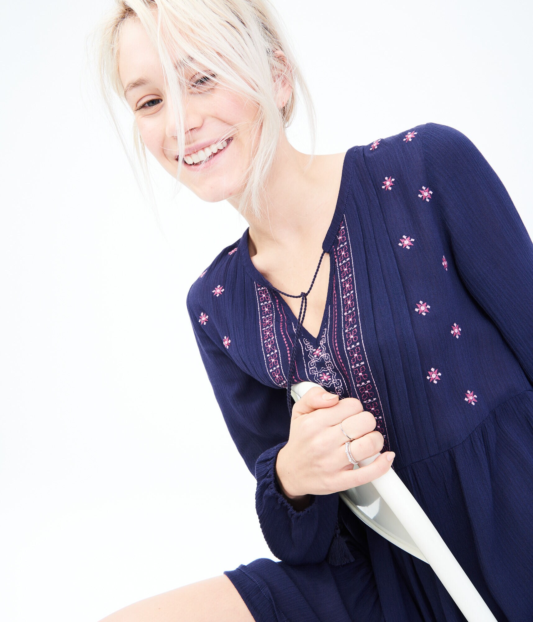 Solid Keyhole Embroidered Peasant Dress