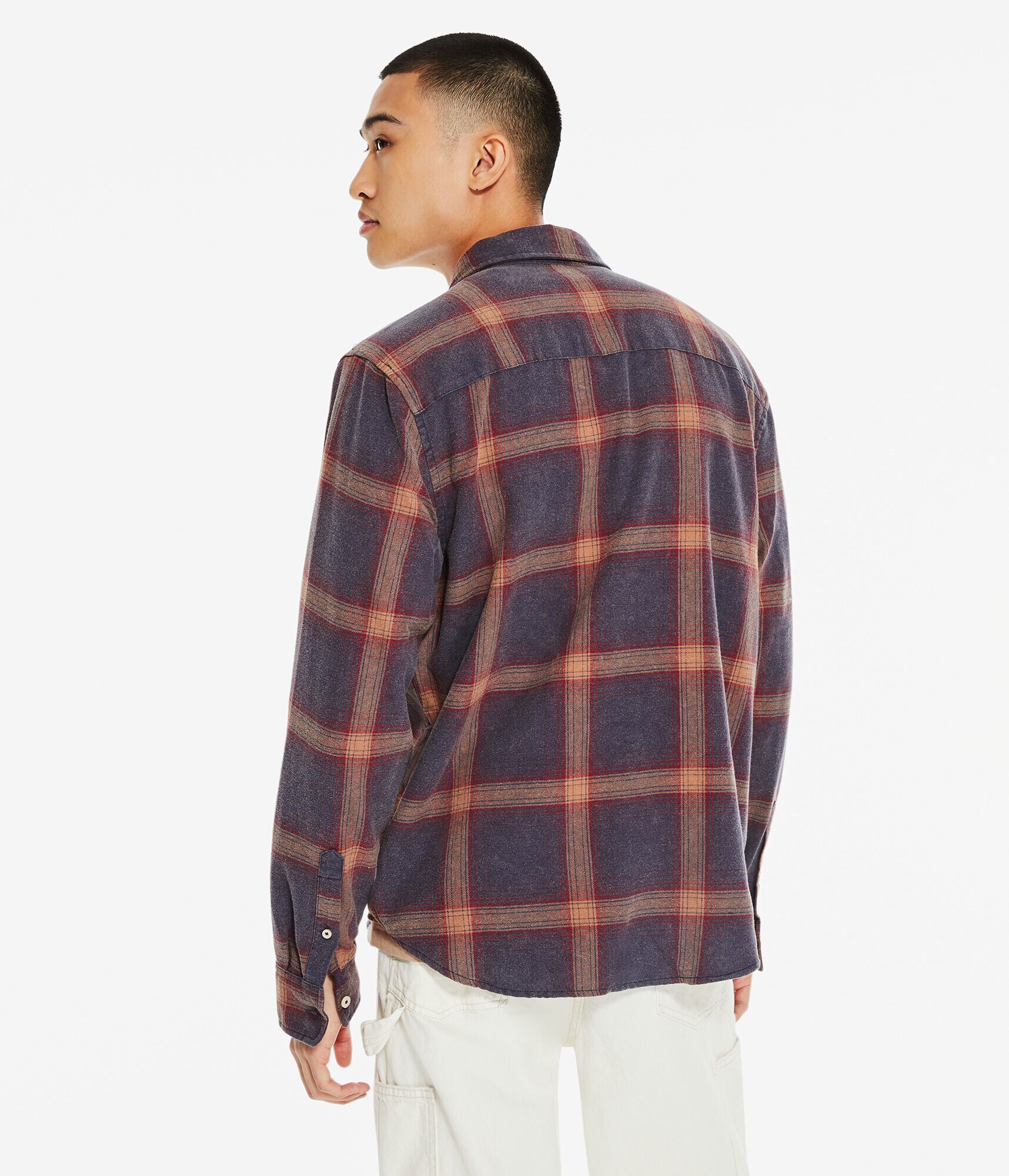 Long Sleeve Relaxed Washed Plaid Flannel Button-Down Shirt