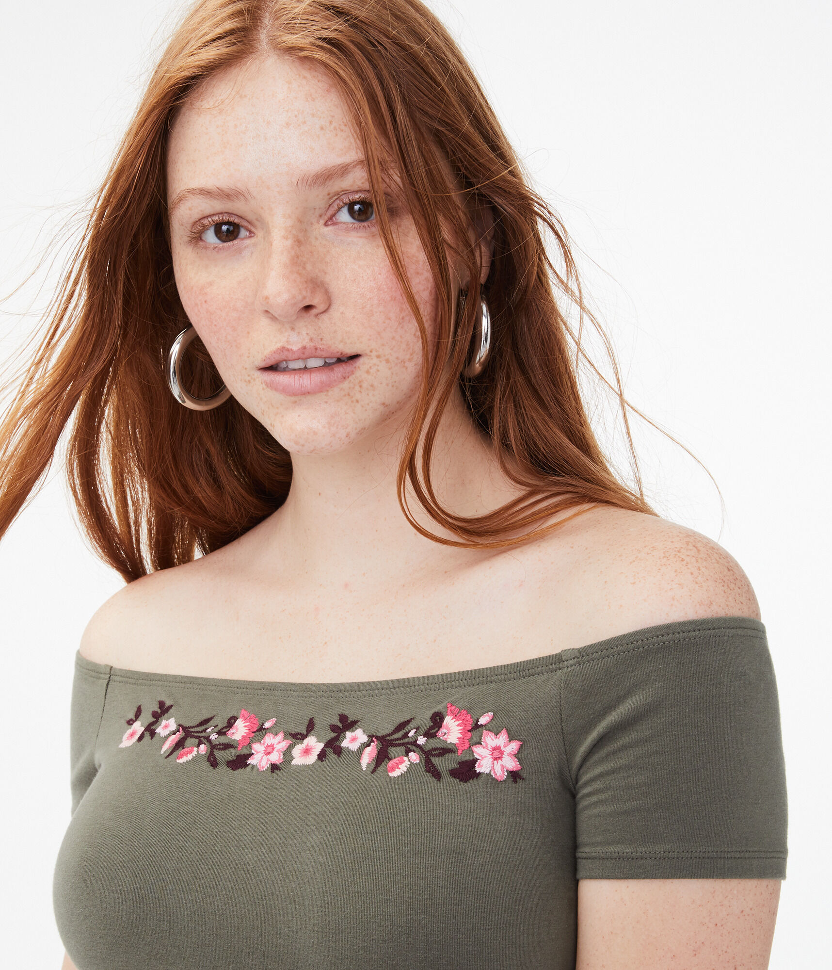 Seriously Soft Embroidered Off-The-Shoulder Bodycon Tee***