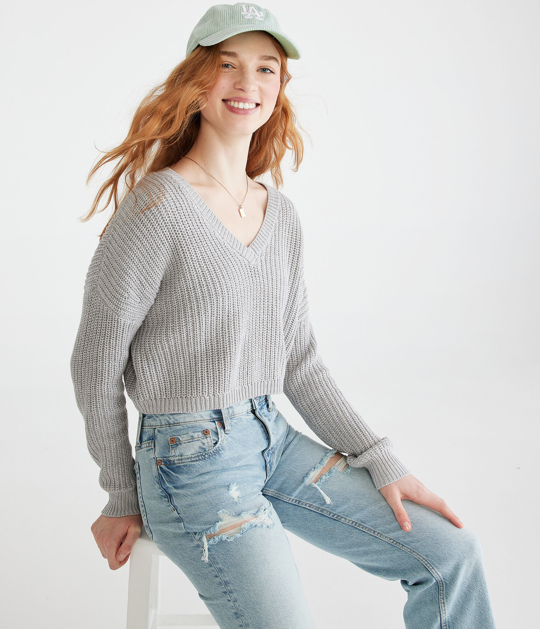 Shaker Stitch Cropped V-Neck Sweater