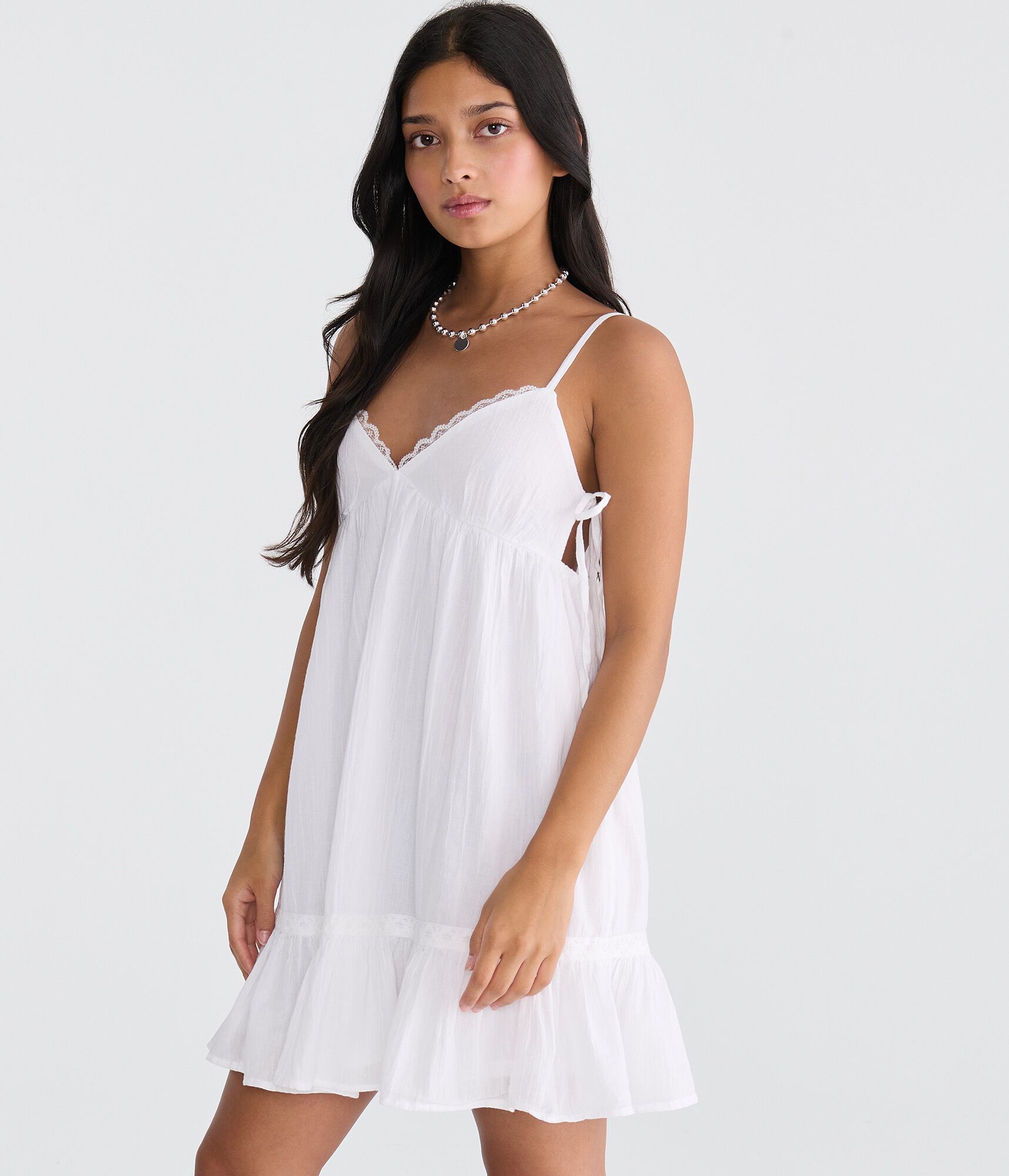 Solid V-Neck Lace-Trim Babydoll Mini Dress