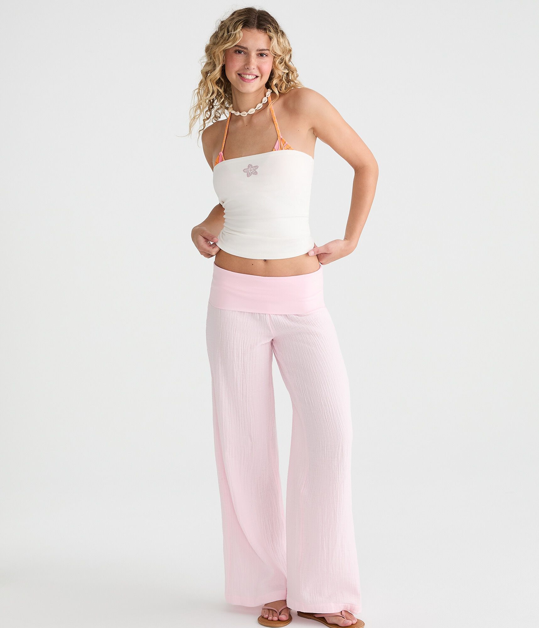 Low-Rise Gauze Fold-Over Wide Leg Pants