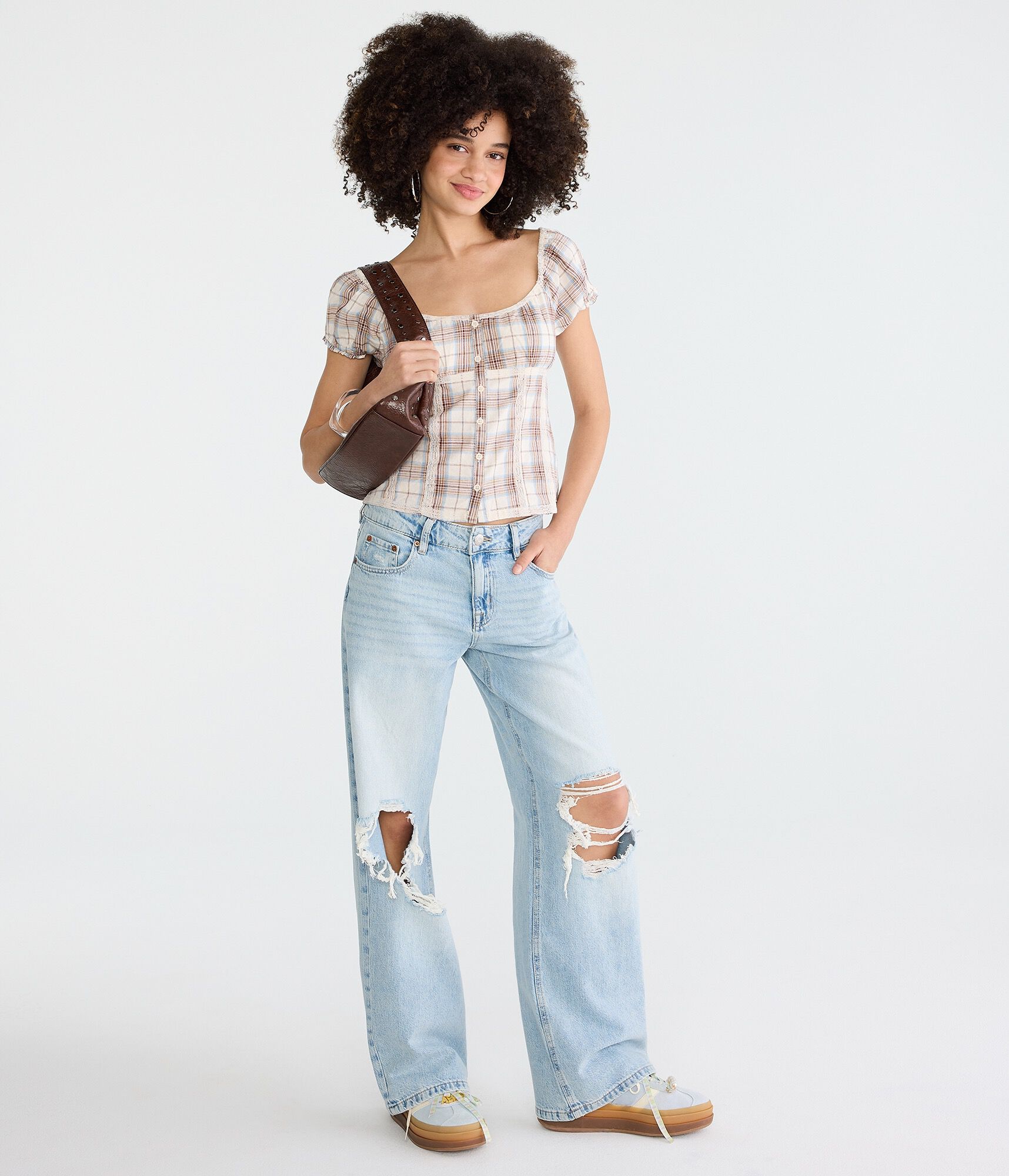 Plaid Button-Front Scoop-Neck Blouse