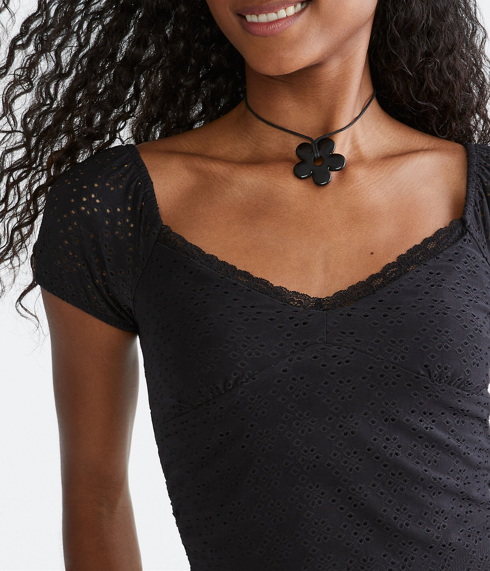 Eyelet Ruched Lace-Trim Crop Top