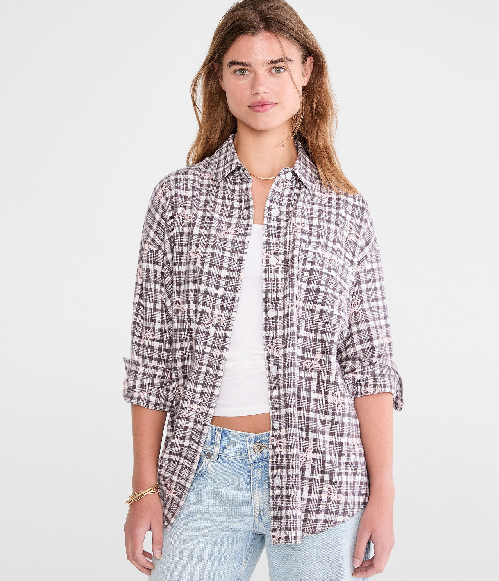 Long Sleeve Embroidered Bow Plaid Flannel Shirt