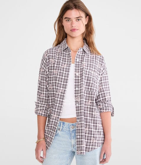 Long Sleeve Embroidered Bow Plaid Flannel Shirt Long Sleeve Embroidered Bow Plaid Flannel Shirt