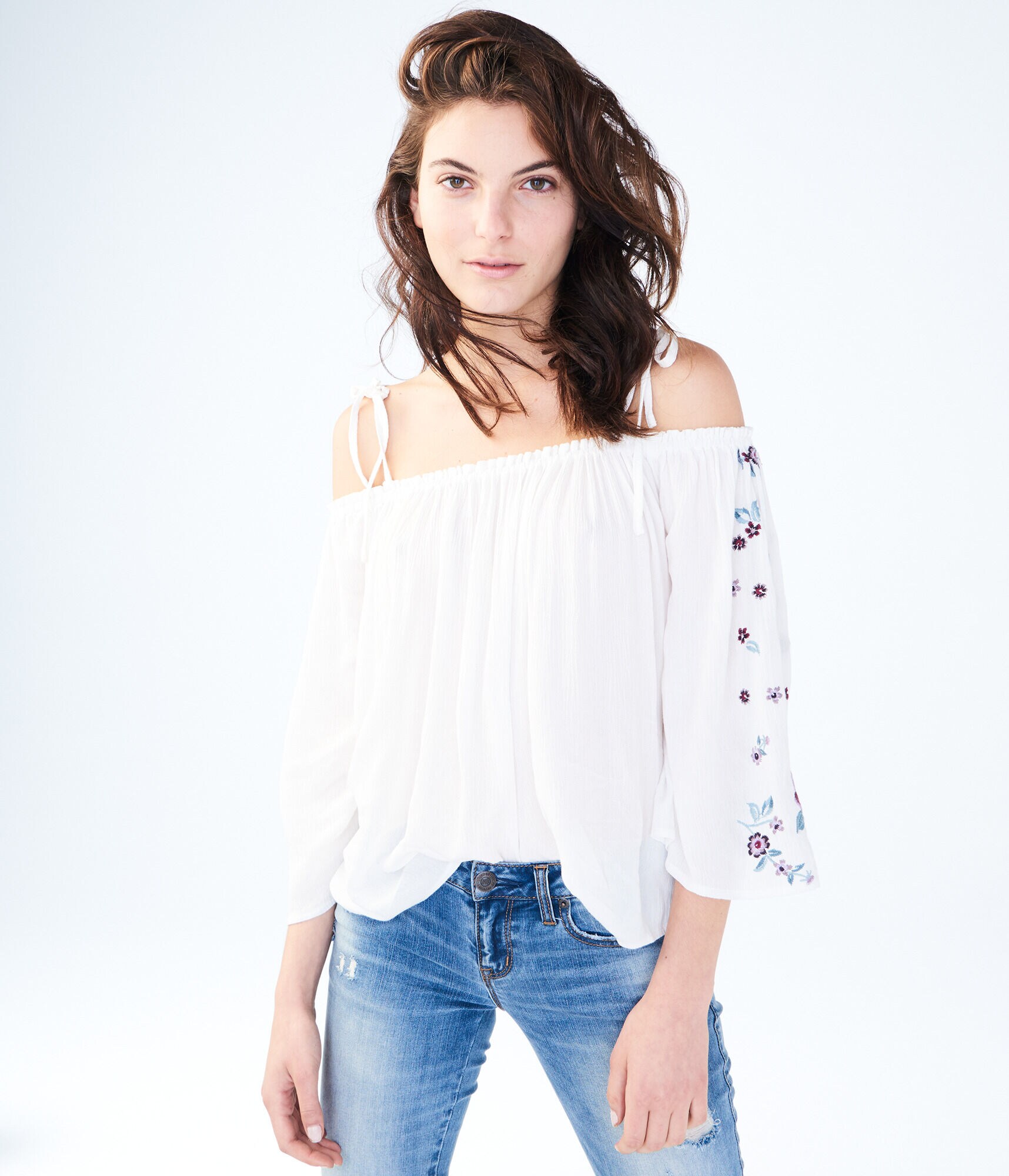 Final Sale -Embroidered Bell Sleeve Off-The-Shoulder Top