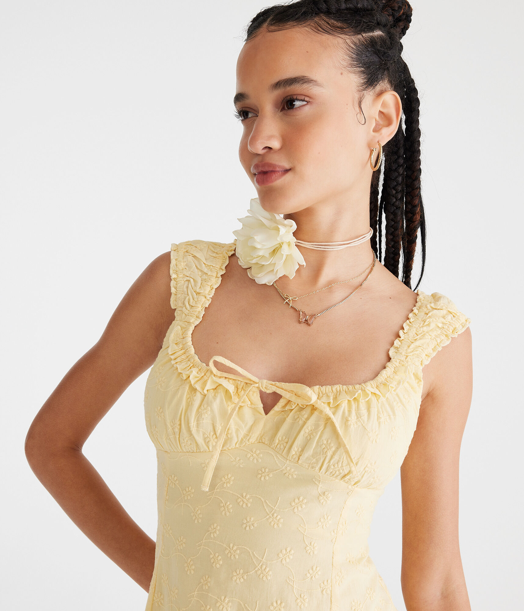 Solid Scoop-Neck Embroidered Floral Mini Dress