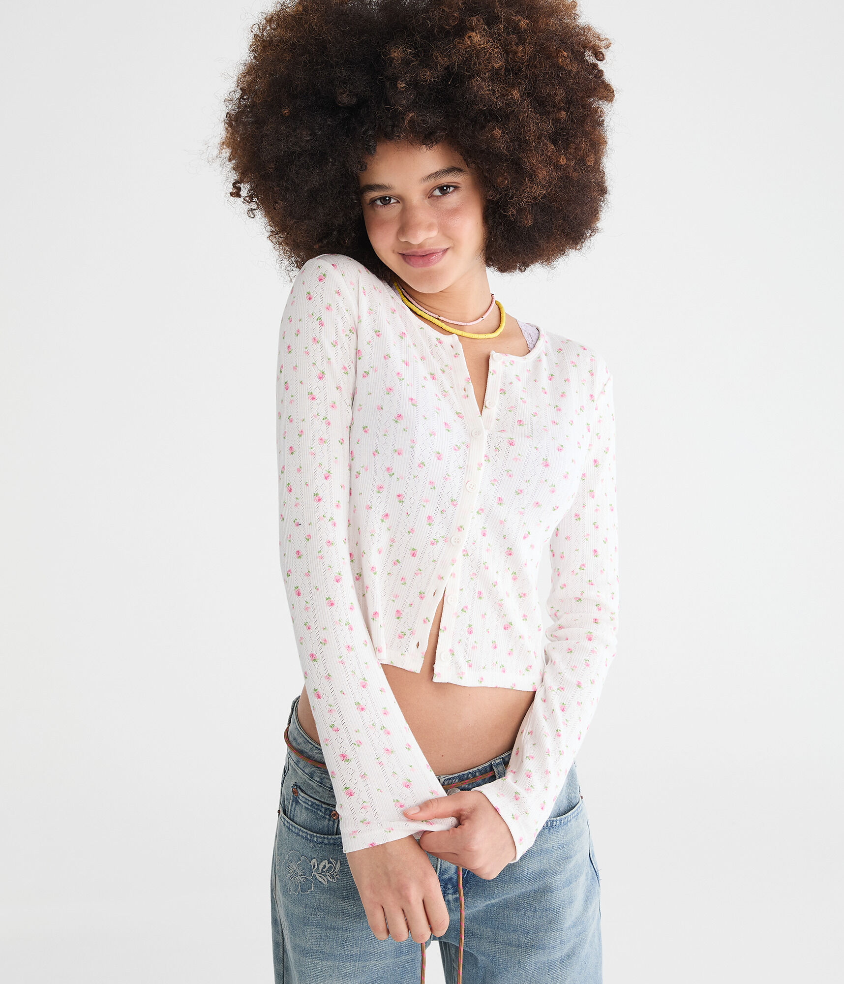 Floral Cropped Pointelle Cardigan