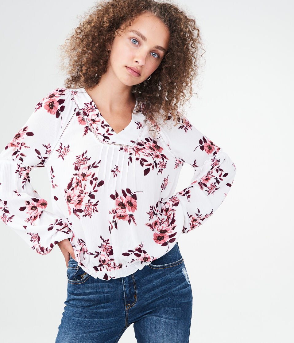 Long Sleeve Floral Pleated Top