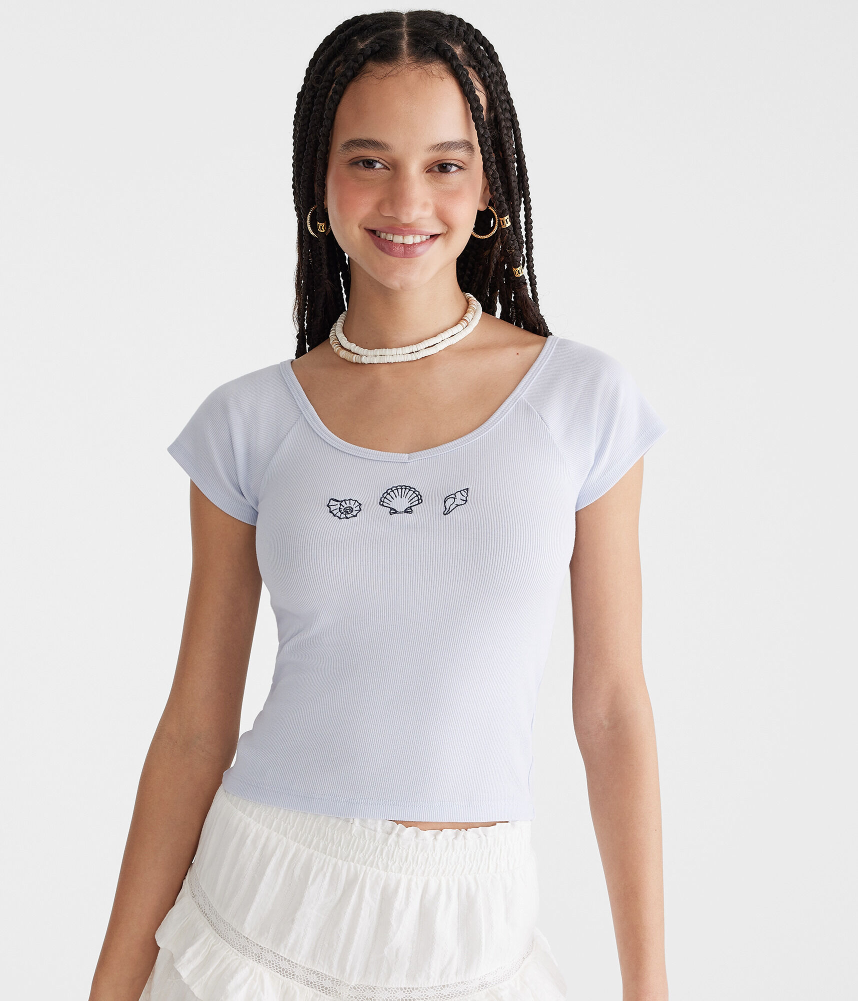 Seriously Soft Seashells Cropped V-Neck Tee
