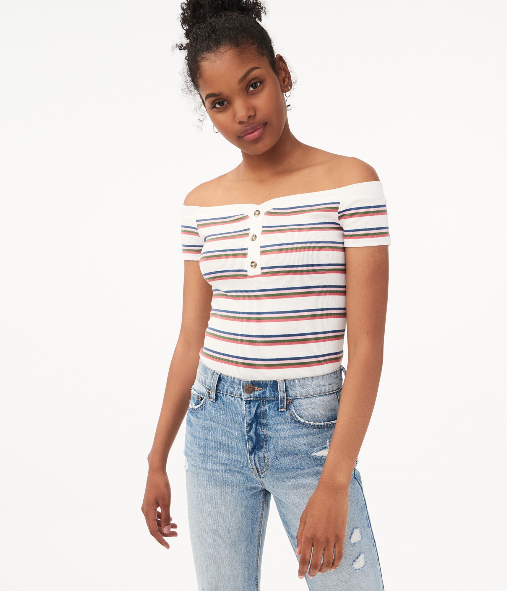 Seriously Soft Striped Off-The-Shoulder Henley Bodycon Top