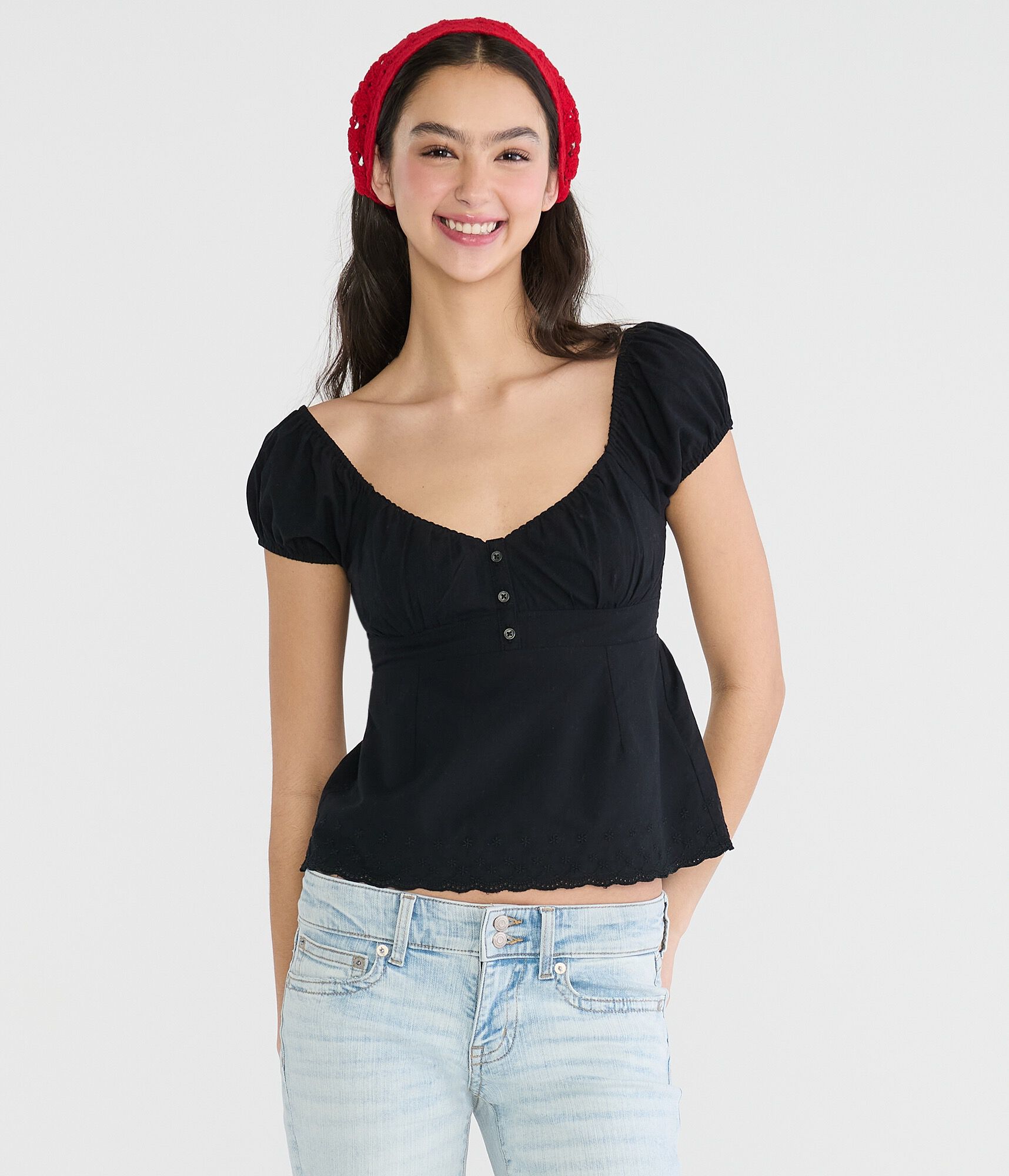 Eyelet Tie-Back Babydoll Top