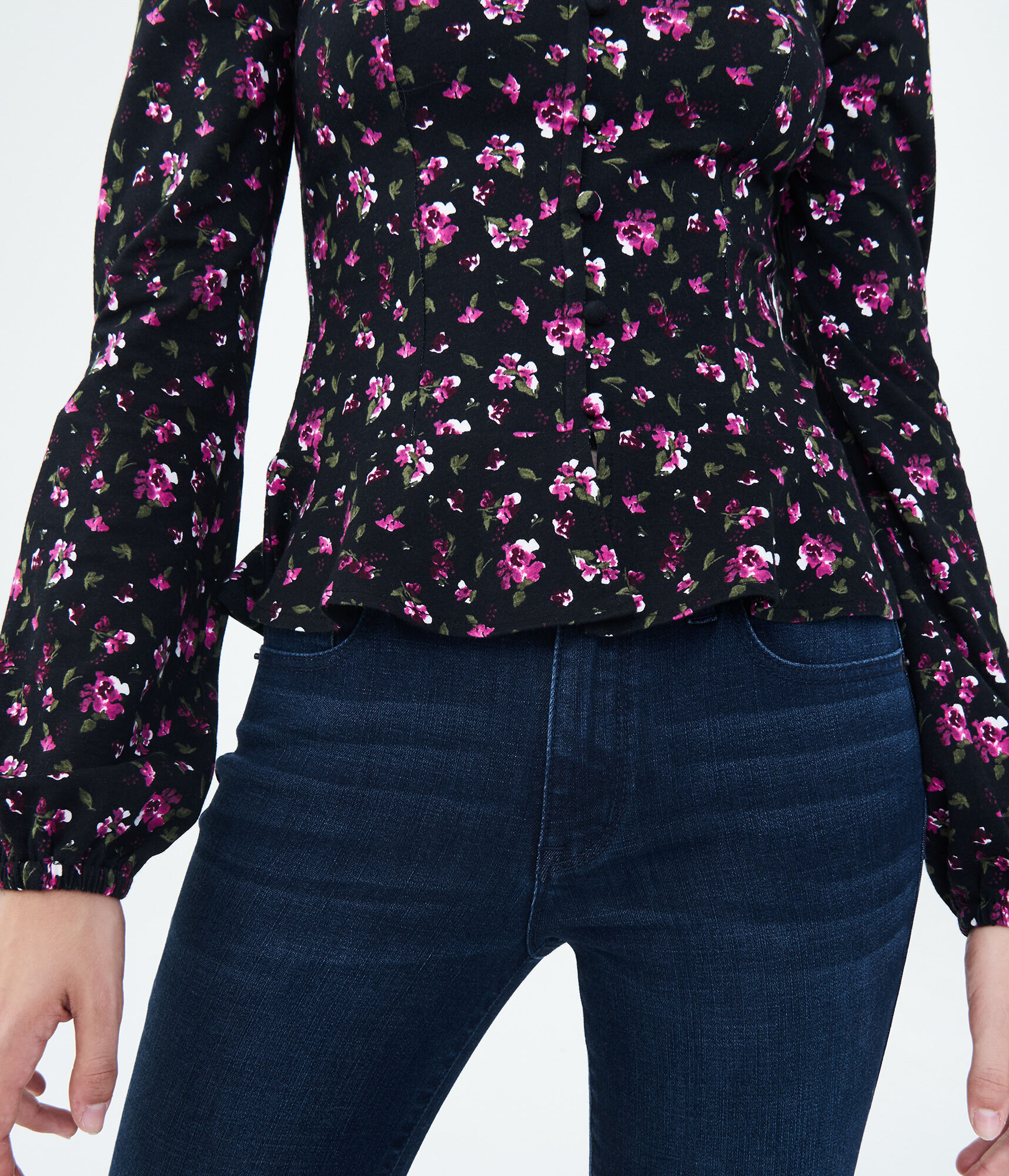 Long Sleeve Floral Button-Front Peplum Top