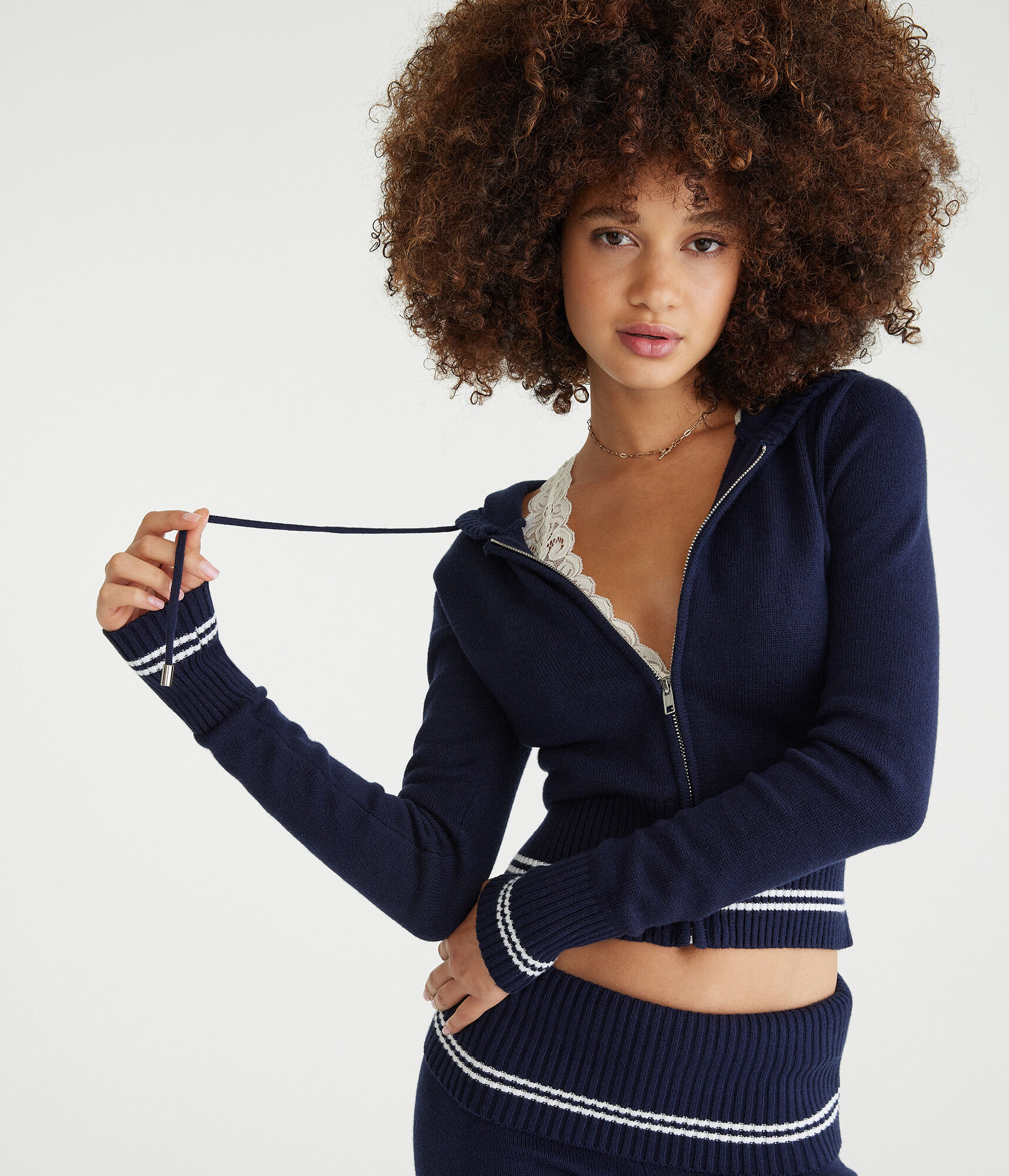 Tipped Cropped Full-Zip Hooded Sweater