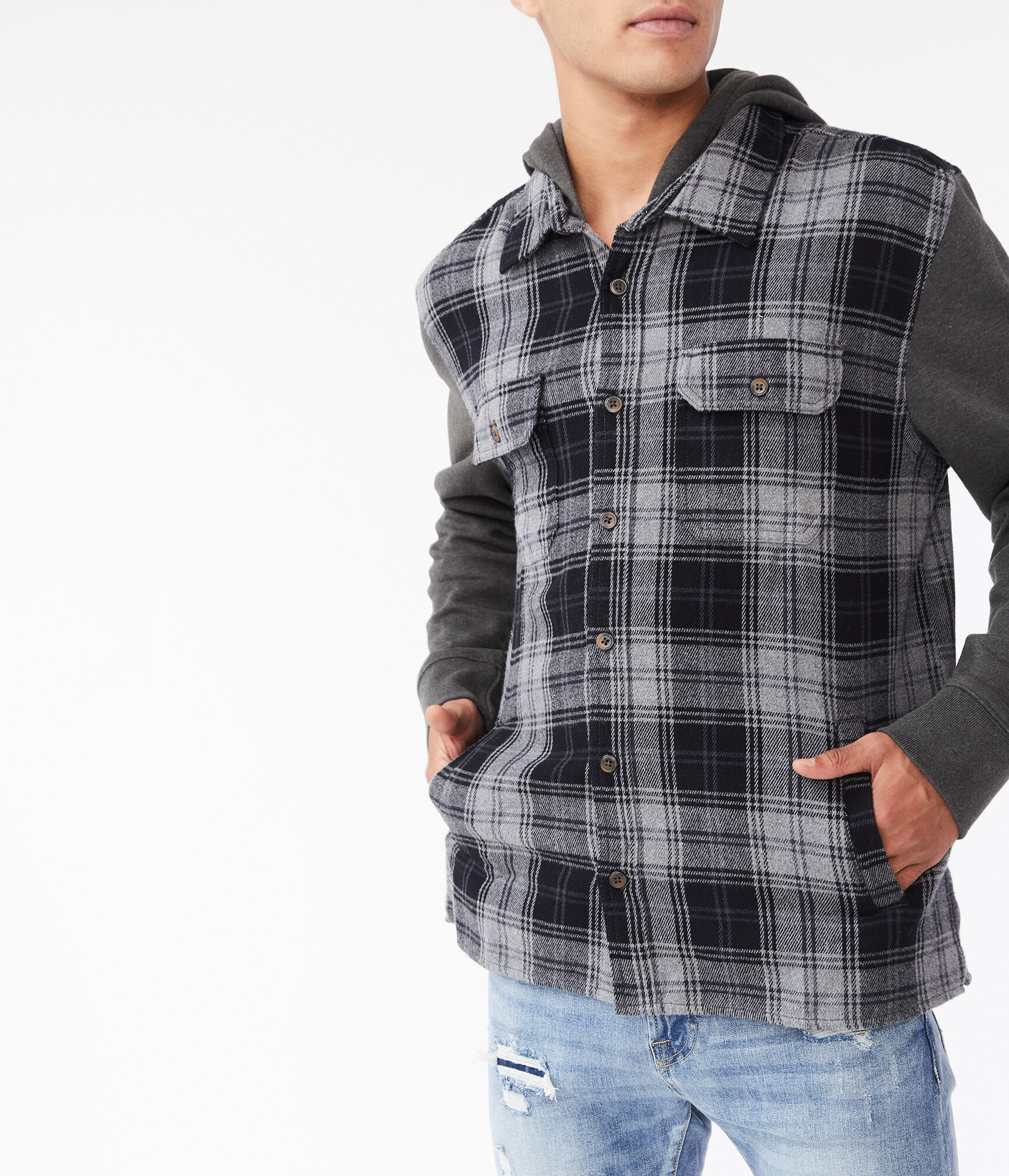 Long Sleeve Hooded Flannel Button-Down Shirt