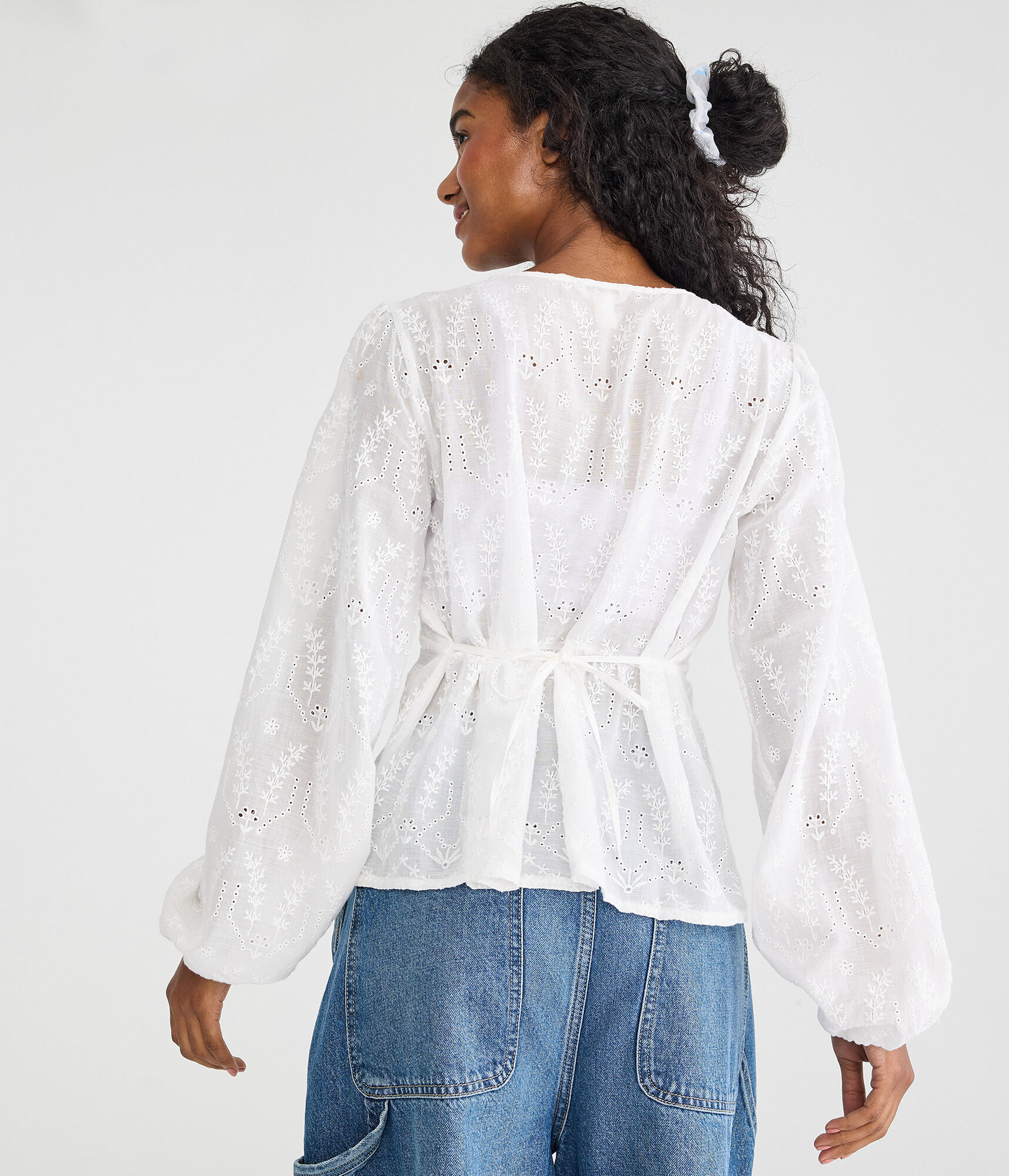 Long Sleeve Eyelet V-Neck Babydoll Blouse