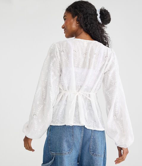 Long Sleeve Eyelet V-Neck Babydoll Blouse