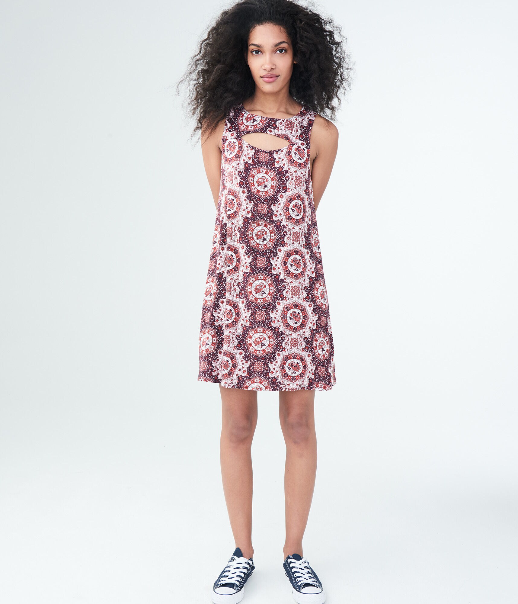 Geometric Print High-Neck Swing Dress