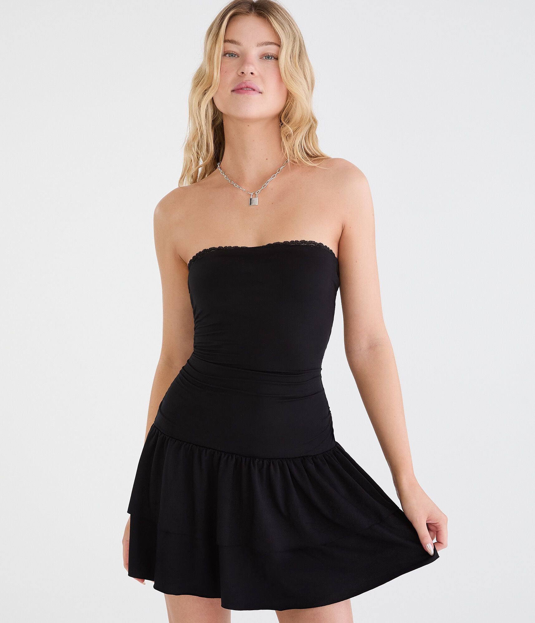 Solid Strapless Drop-Waist Mini Dress