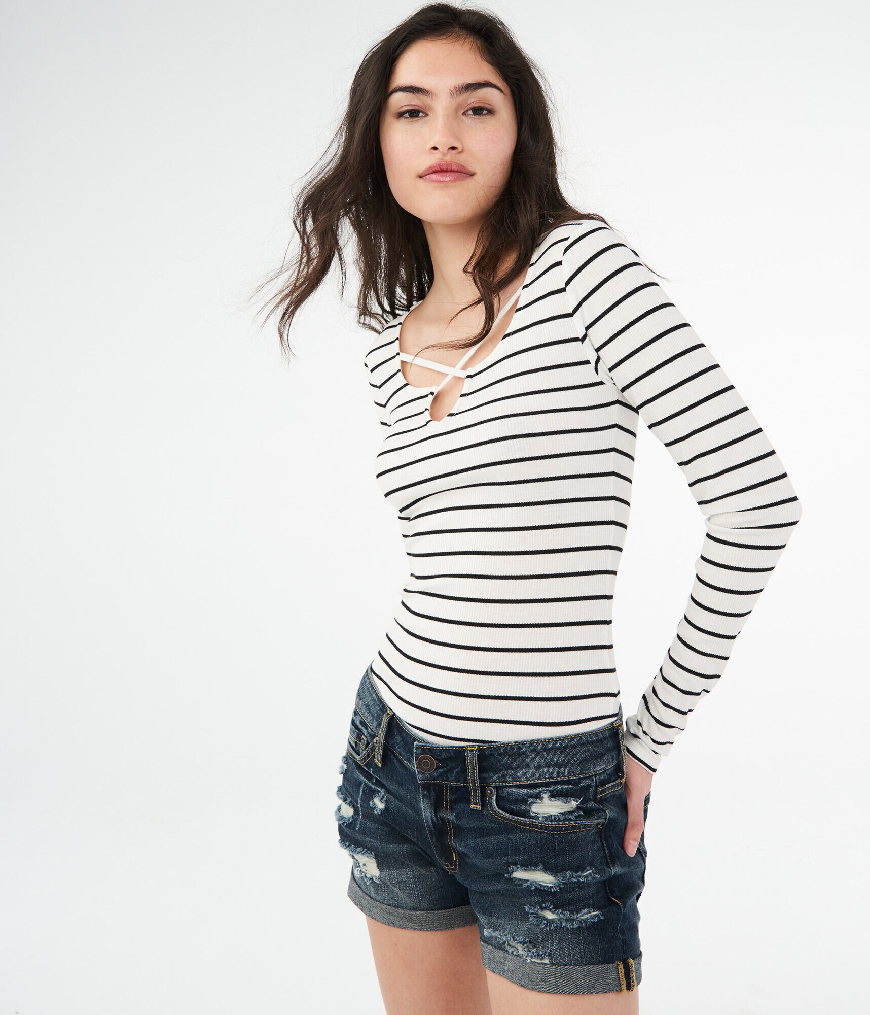 Long Sleeve Striped Crisscross Bodycon Top***