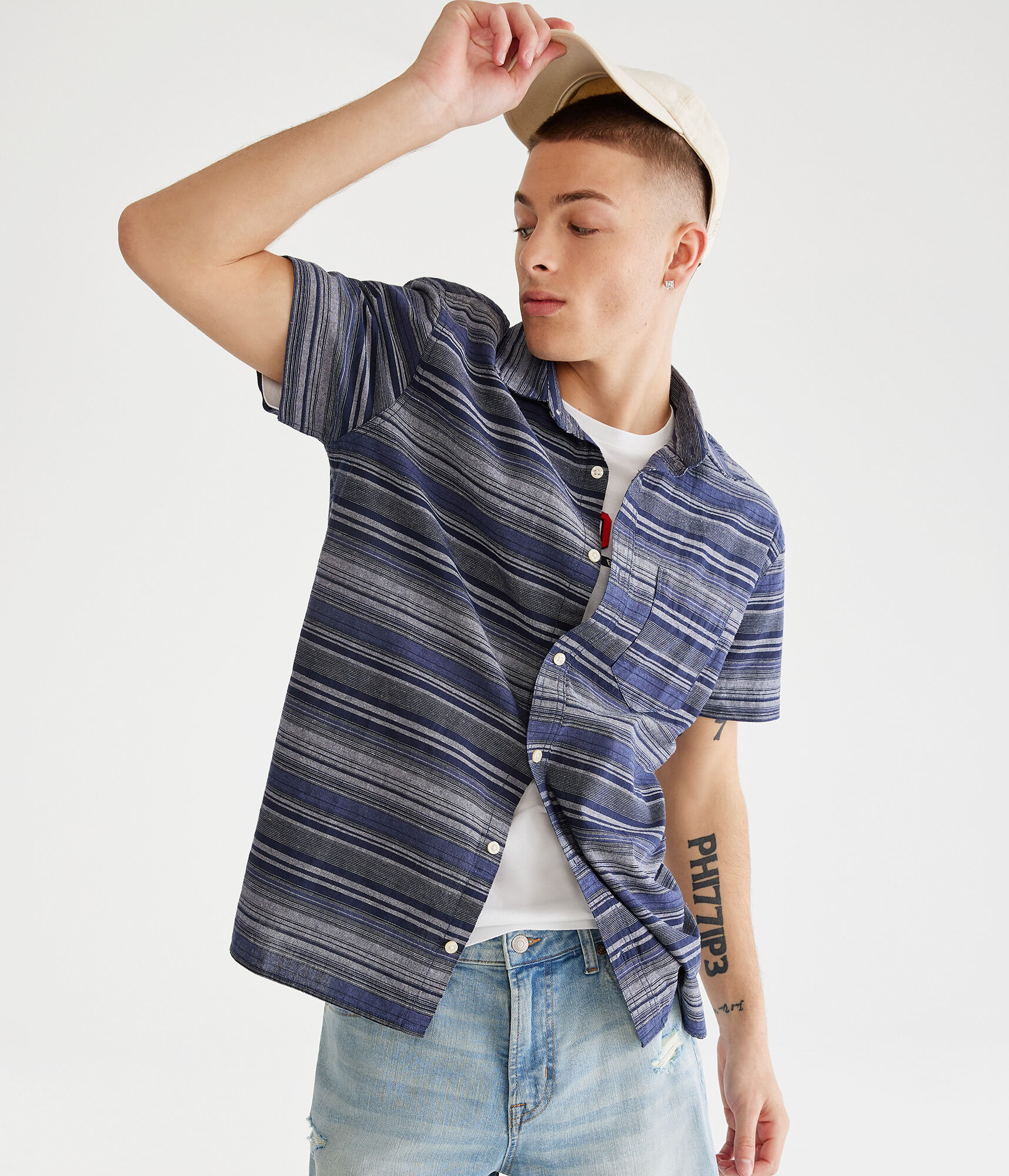 Horizontal Stripes Relaxed Hemp Button-Down Shirt