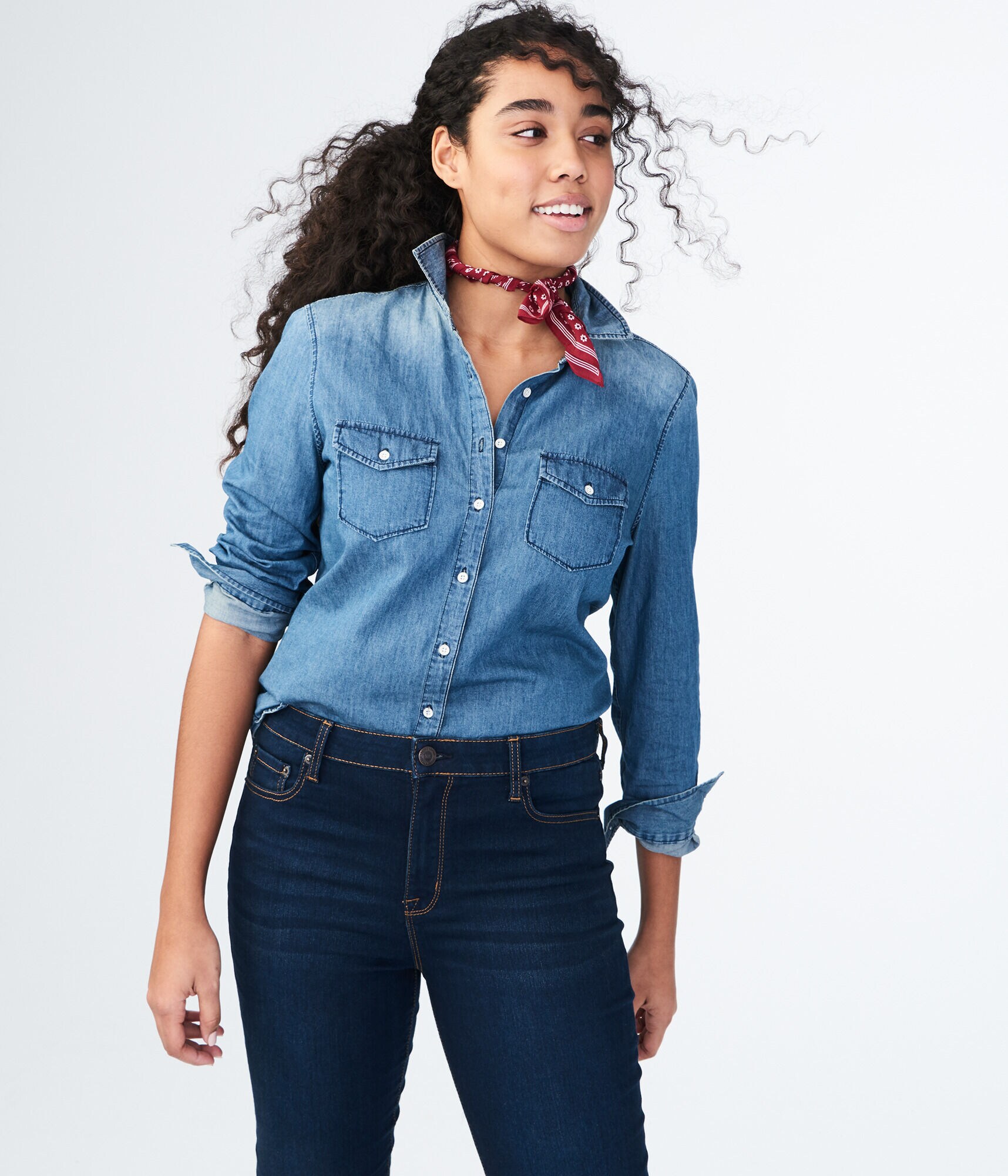 Long Sleeve Medium Wash Chambray Woven Shirt