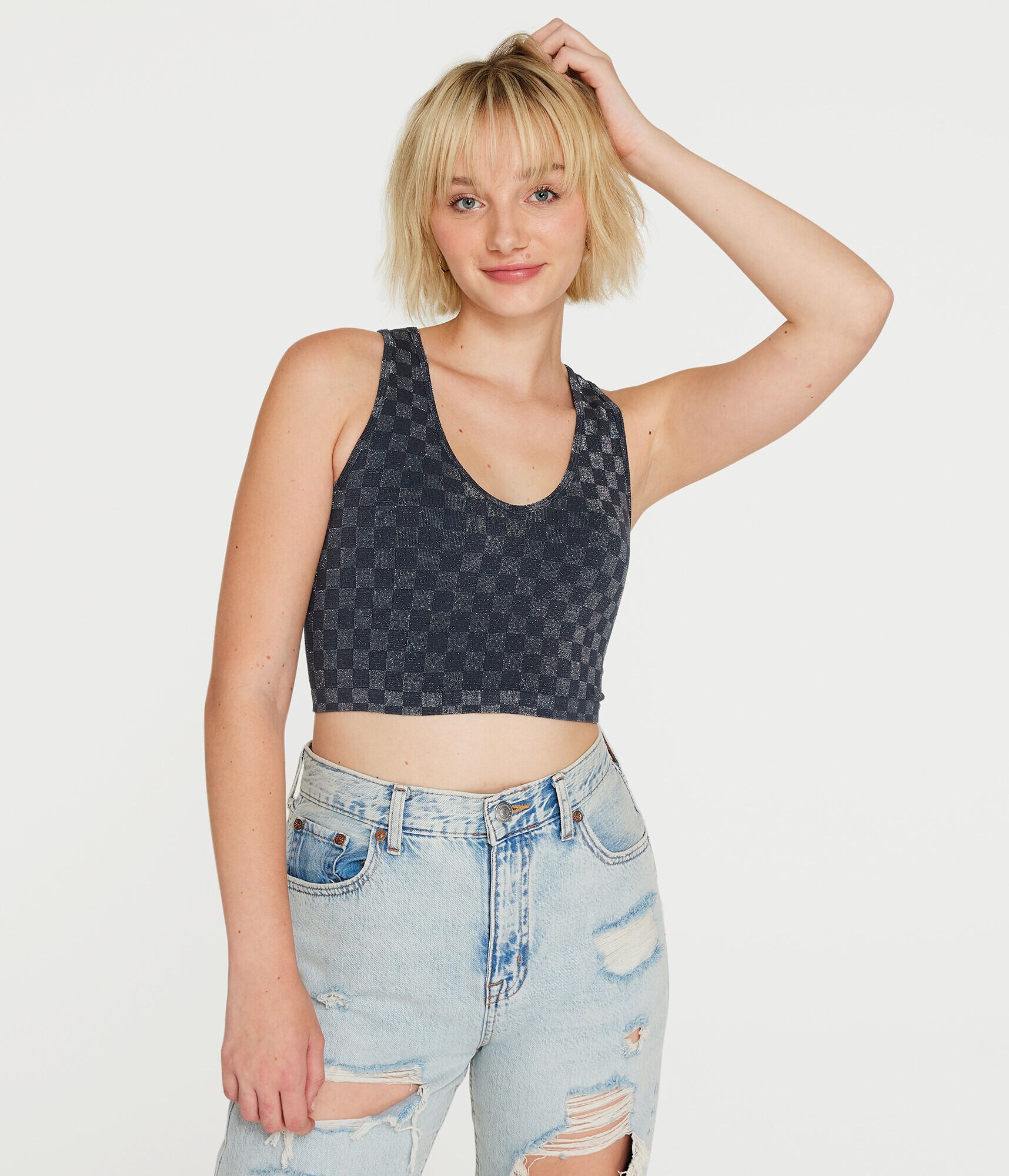 Checkered Shine Seamless V-Neck Cropped Tank