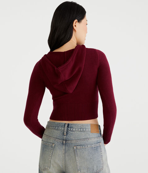 Solid Cropped Full-Zip Hooded Sweater