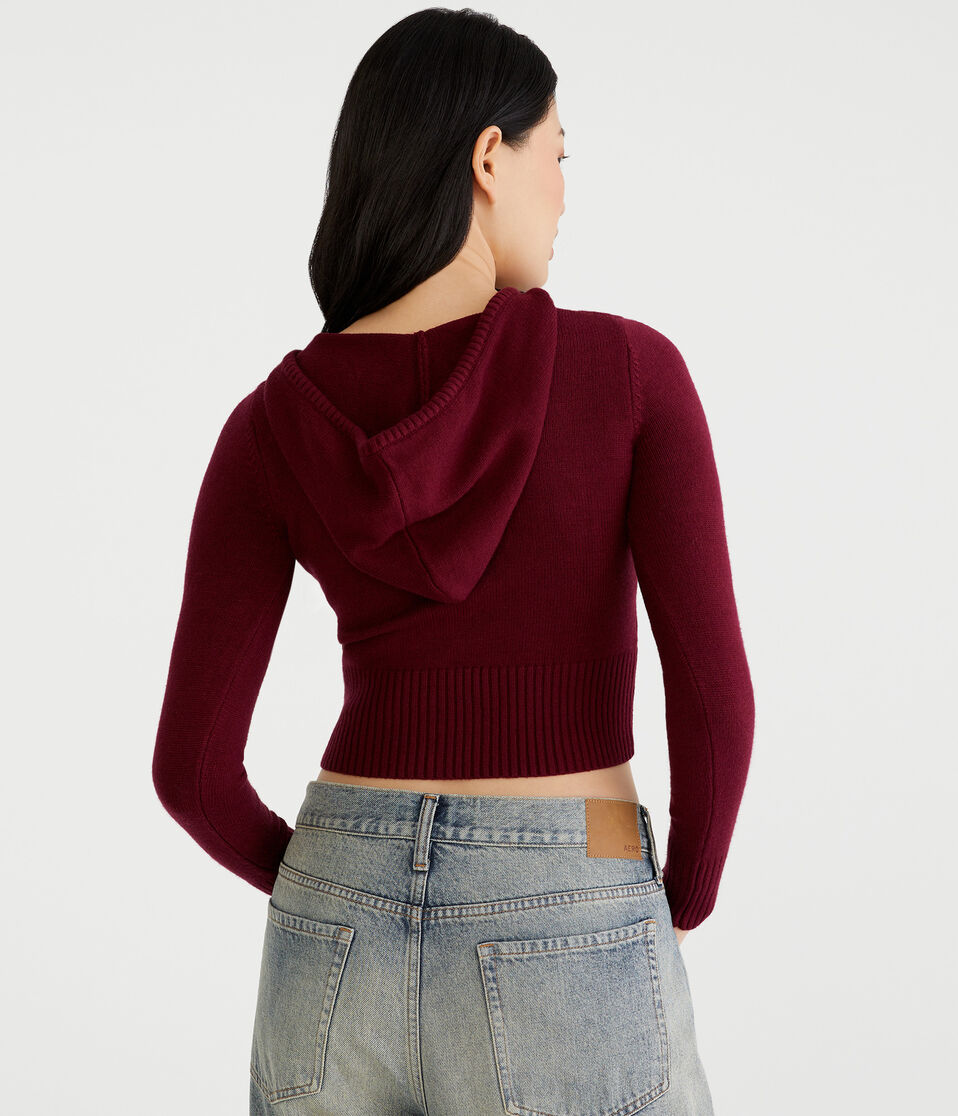 Solid Cropped Full-Zip Hooded Sweater