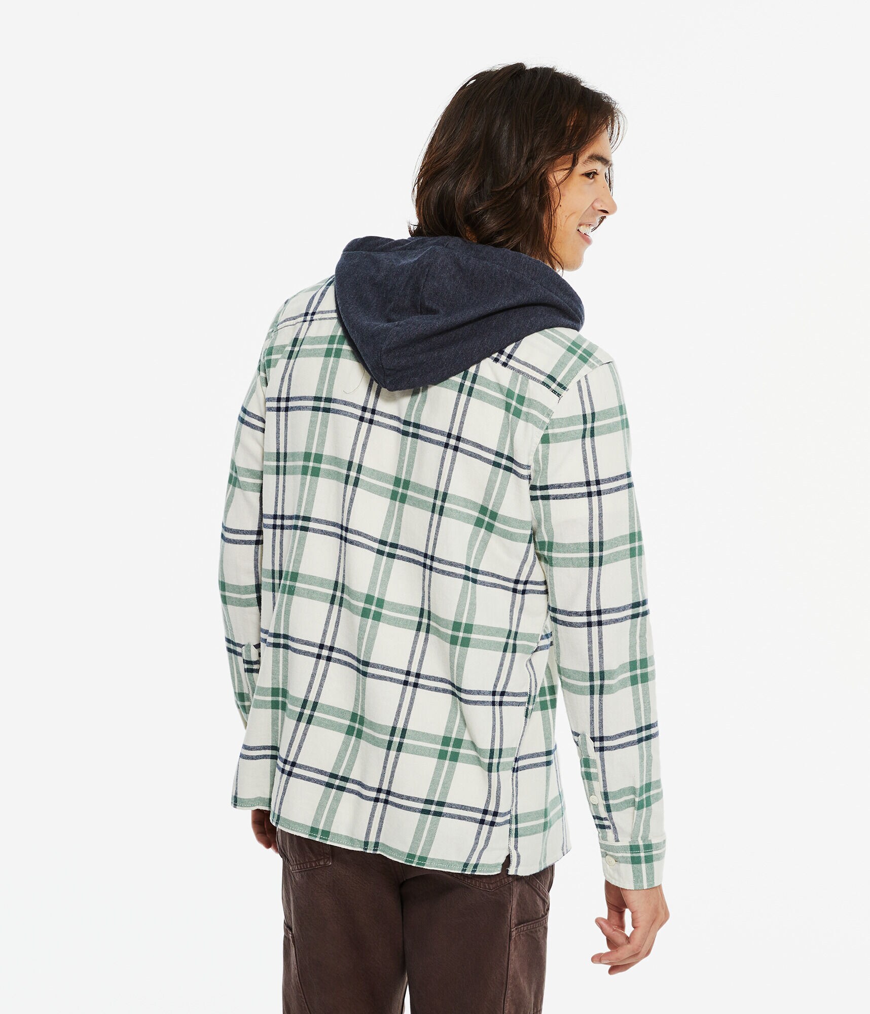 Long Sleeve Plaid Flannel Hooded Button-Down Shirt